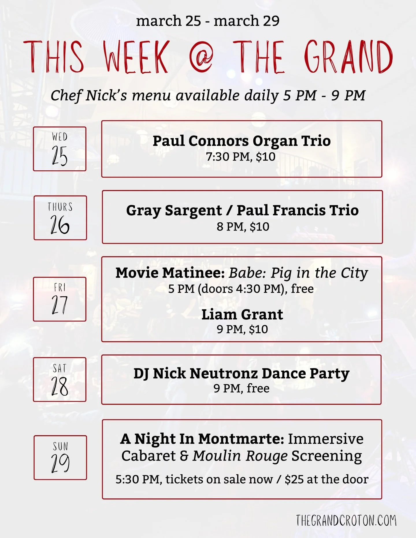 This Week at The Grand 

Wednesday - the return of one of our most epic jazz trios: Paul Connors on the Hammond B3 organ, Chris Vitarello on guitar/vocals &amp; Joe Abba on drums.

Thursday - Gray Sargent &amp; Paul Francis reunite after touring toge
