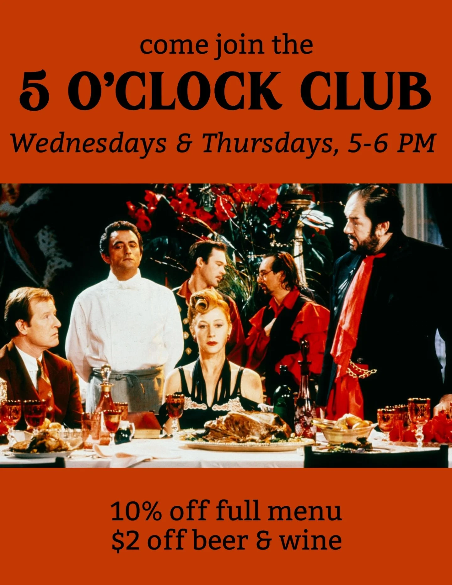 Kicking off this week: the 5 o&rsquo;clock club! 

10% off Chef Nick&rsquo;s full menu from 5-6 PM, plus happy hour drink prices! 

Come join the club.