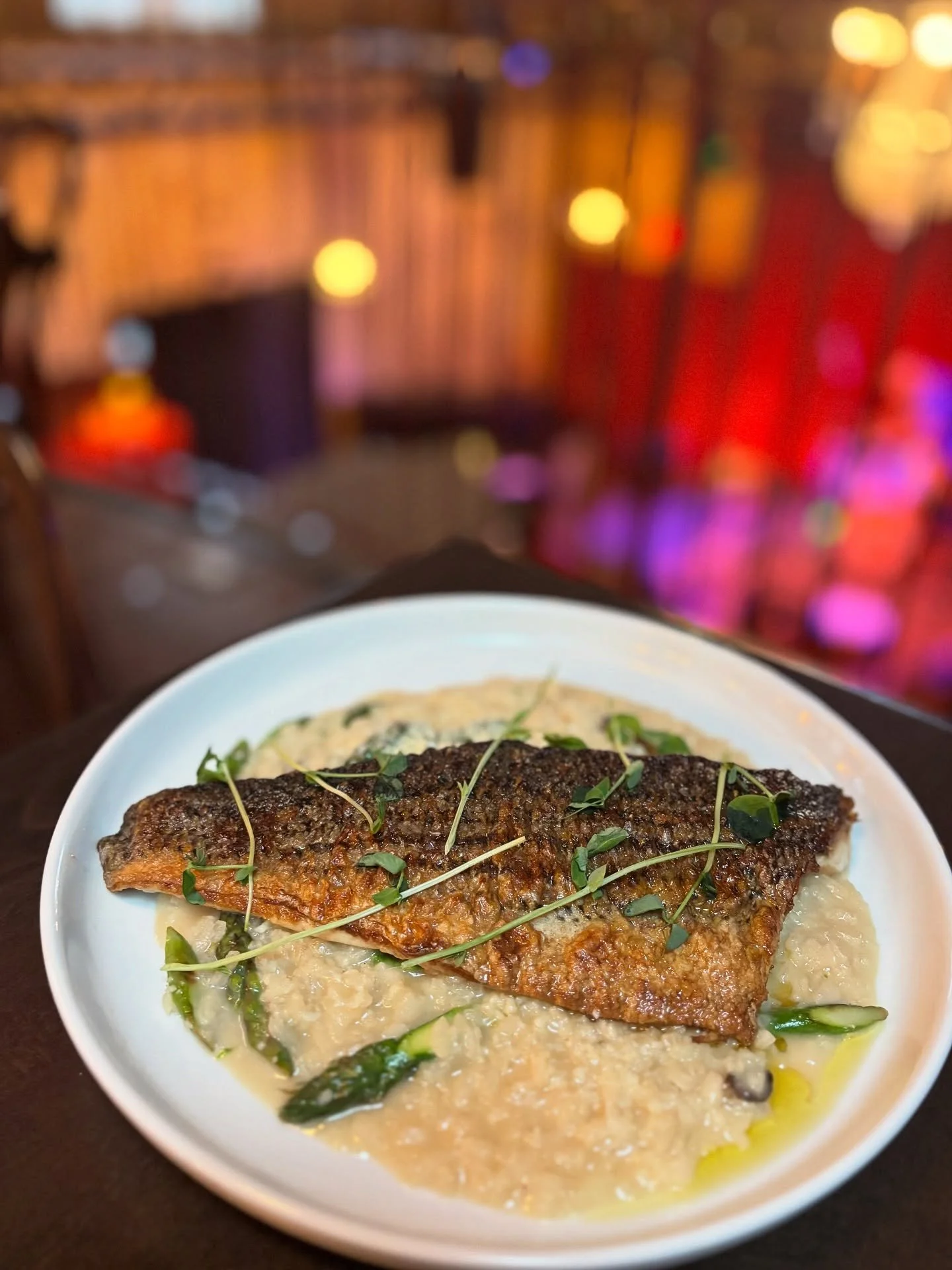 New to the menu: Striped Bass 
with Venetian Risotto, Roasted Mushrooms, Asparagus, &amp; Parmesan. Gluten Free.