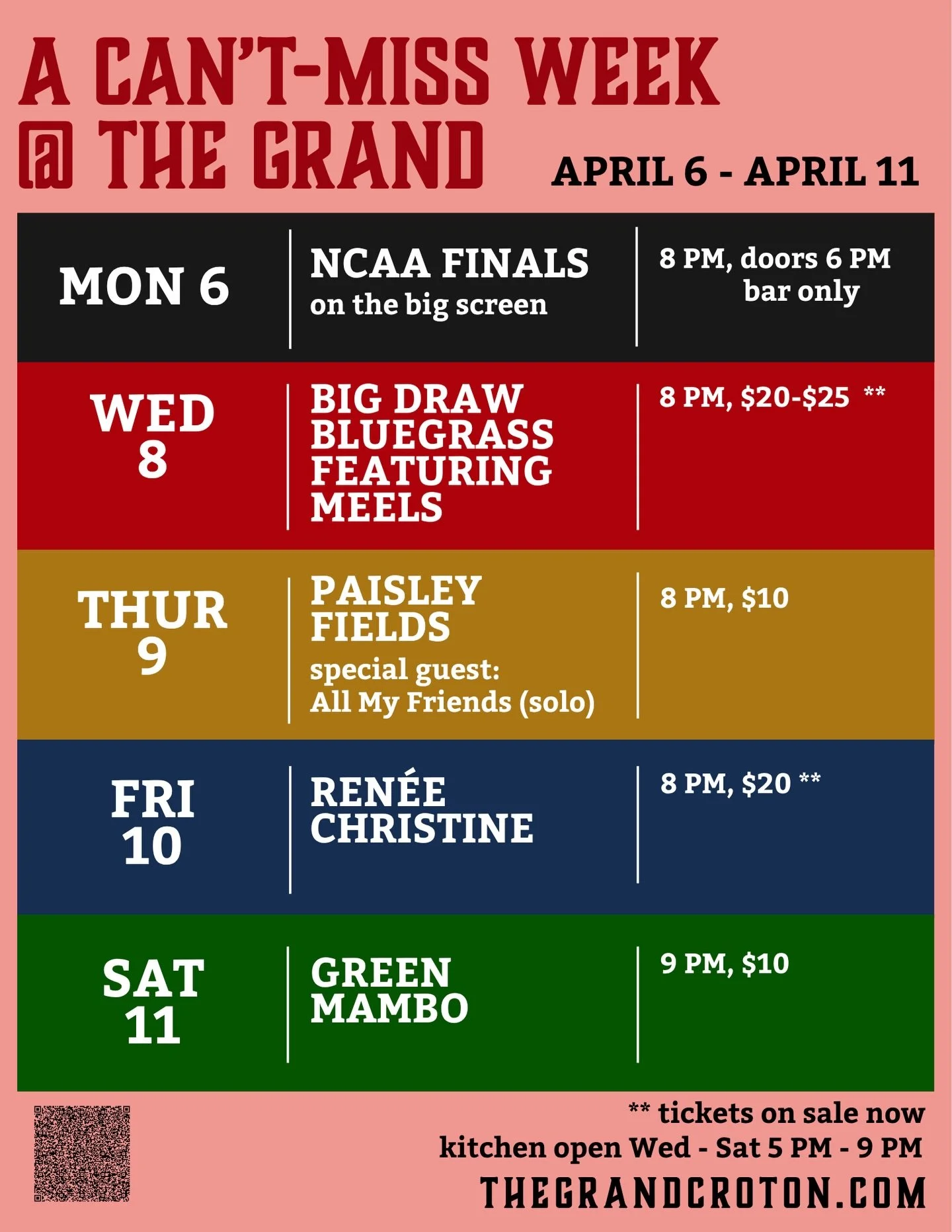 An epic week ahead! 

Monday - we&rsquo;re opening the bar for you basketball fans - come out and watch the NCAA finals on the big screen.

- Closed Tuesday -

Wednesday, THE Meels joins bluegrass night. Few tickets remain, link in bio! 

Thursday, q