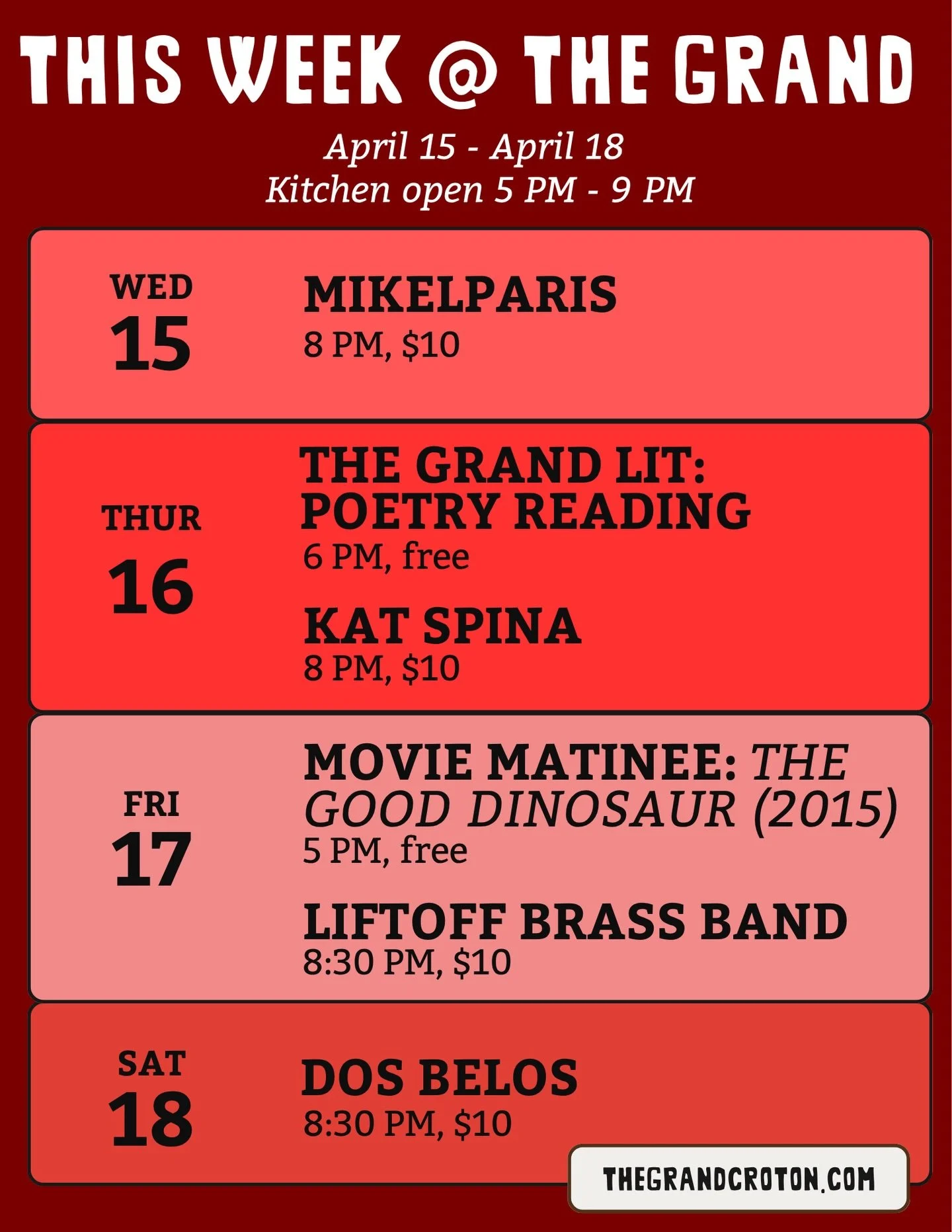 This week at The Grand: 

Wednesday, OAR&rsquo;s @mikelparis brings his guitar drumming to The Grand with a fusion of funk, folk, soul &amp; rock.

Thursday, artist happy hour starts at 5, then a poetry reading with three local poets upstairs at 630 