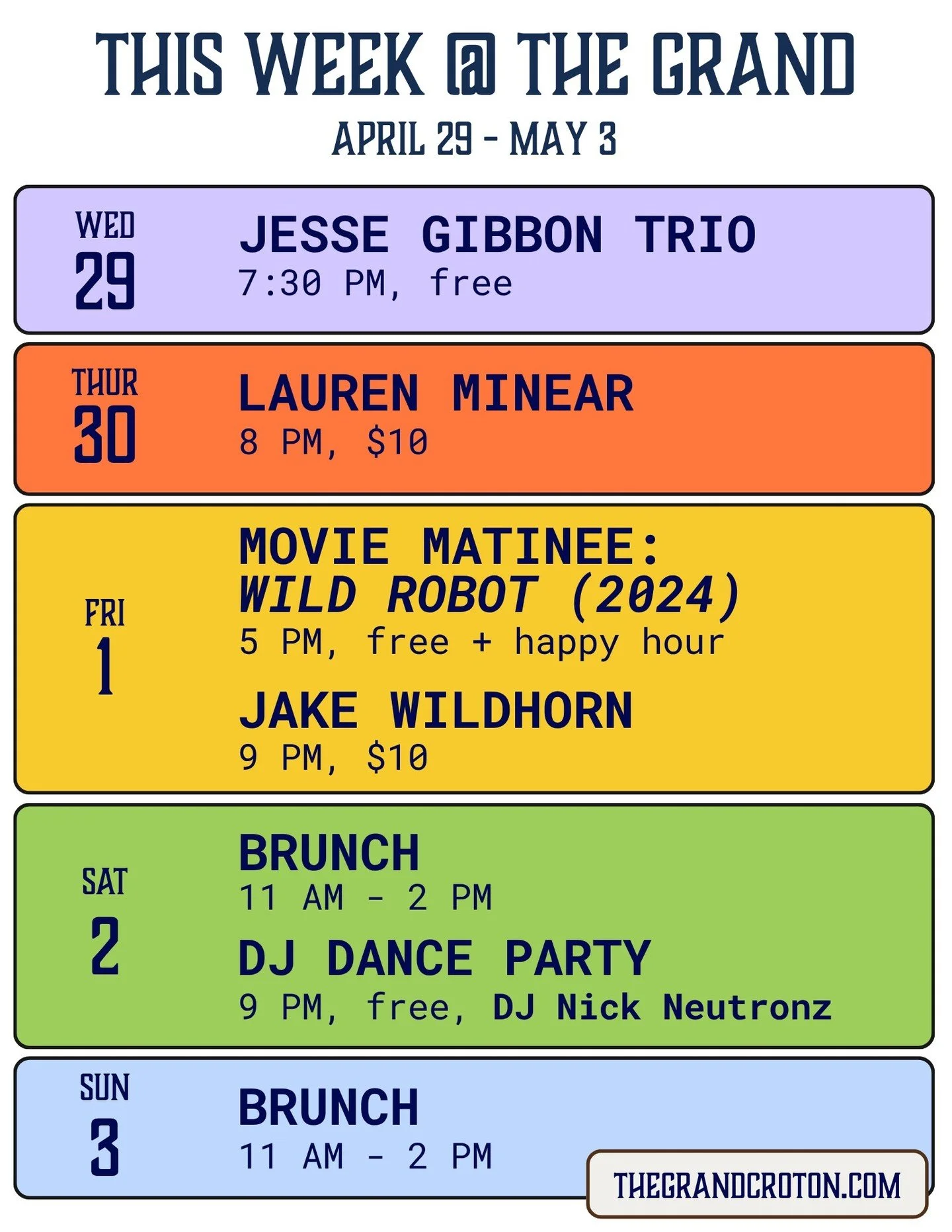 THIS WEEK AT THE GRAND 

Wednesday, Jesse Gibbon trio makes their Grand debut with special guest @chloezurkowski! Free show - come through! 

Thursday, @laurenminearmusic Grand debut with her unique blend of alternative, pop, rock, and folk.

Friday,