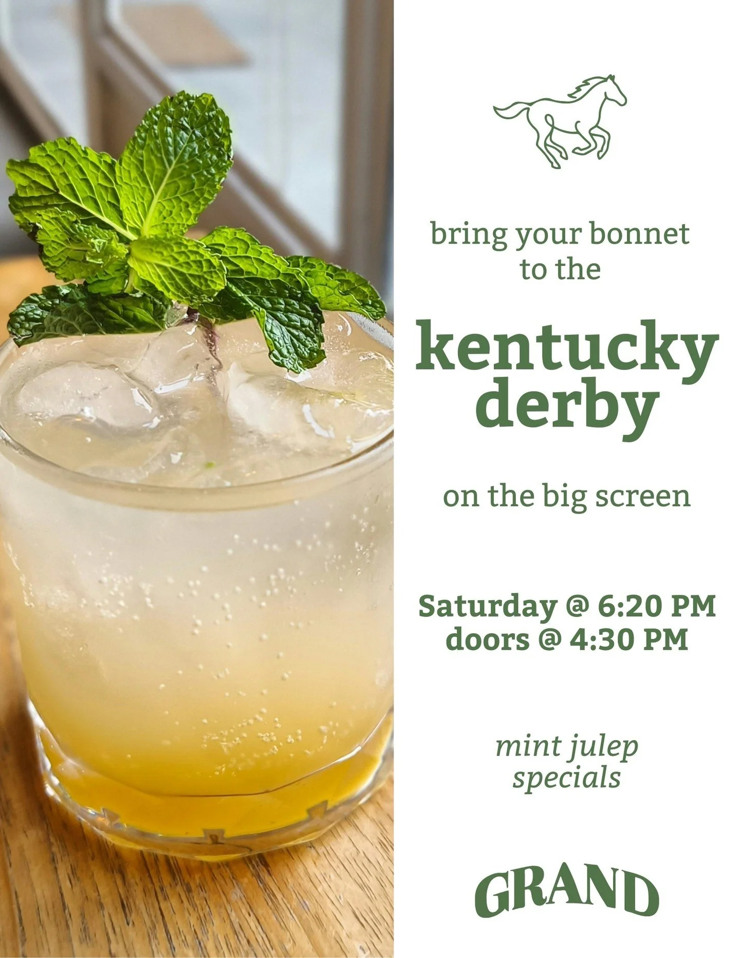 We're showing the Derby on the big screen this Saturday! Grab your hats, grab your florals, and come by The Grand! 

You can spend the whole day with us: 
Brunch from 11 AM - 2 PM 
Derby at 6:20 PM (doors at 4:30)
then free dance party with DJ Nick N