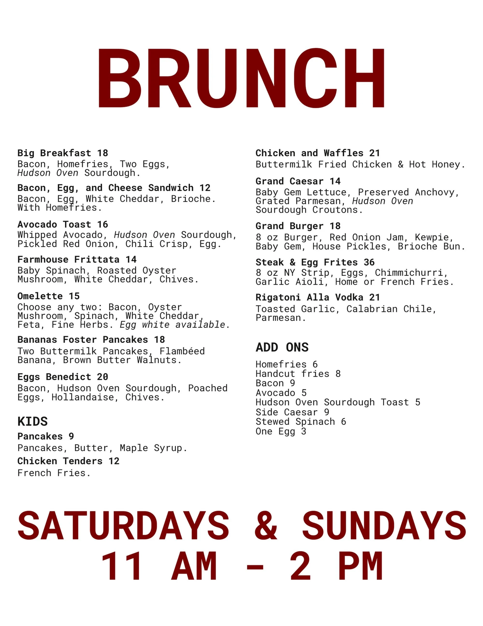 At The Grand, we&rsquo;re all about giving the people what they want, and what do they want? Chicken &amp; Waffles. Prosecco in the daytime. Pancakes. 

Starting this weekend, BRUNCH will be every Saturday &amp; Sunday from 11 AM - 2 PM. 

Live jazz 