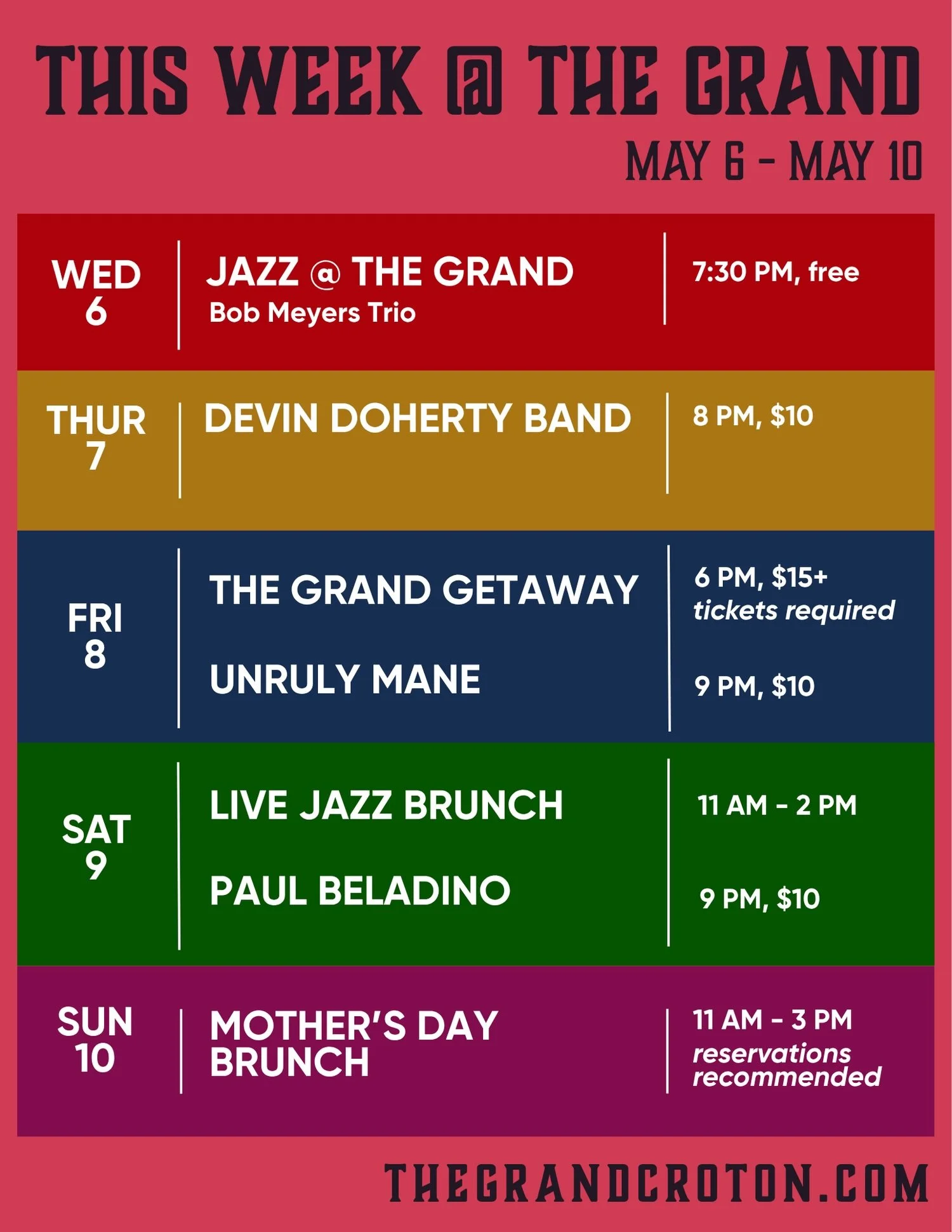This week @ The Grand 

Wednesday - free jazz night with the Circular Jazz Trio 🥁

Thursday - croton-local Devin Doherty &amp; band return! 🎸

Friday at 6 PM - Come see the guy who played Neil Diamond on Broadway - Will Swenson - break out the clas