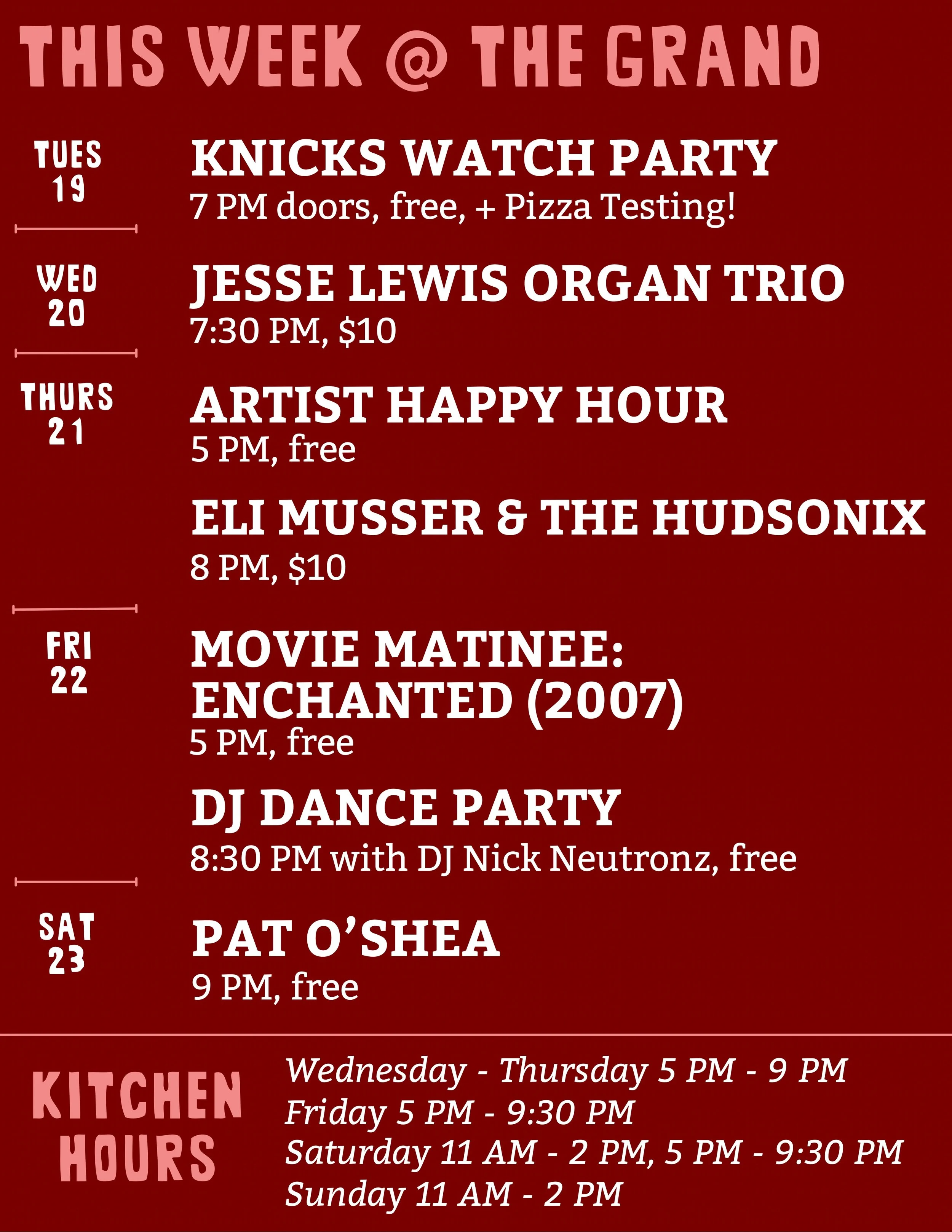 ✨This week at The Grand ✨

Tuesday: come on by to watch the Knicks on the big screen, and try Bartender Fred&rsquo;s pizza - new Tuesday tradition?? 

Wednesday: @jesselewismusic @alexsmithkeys Organ Trio return!

Thursday: Artist Happy Hour at 5 PM,