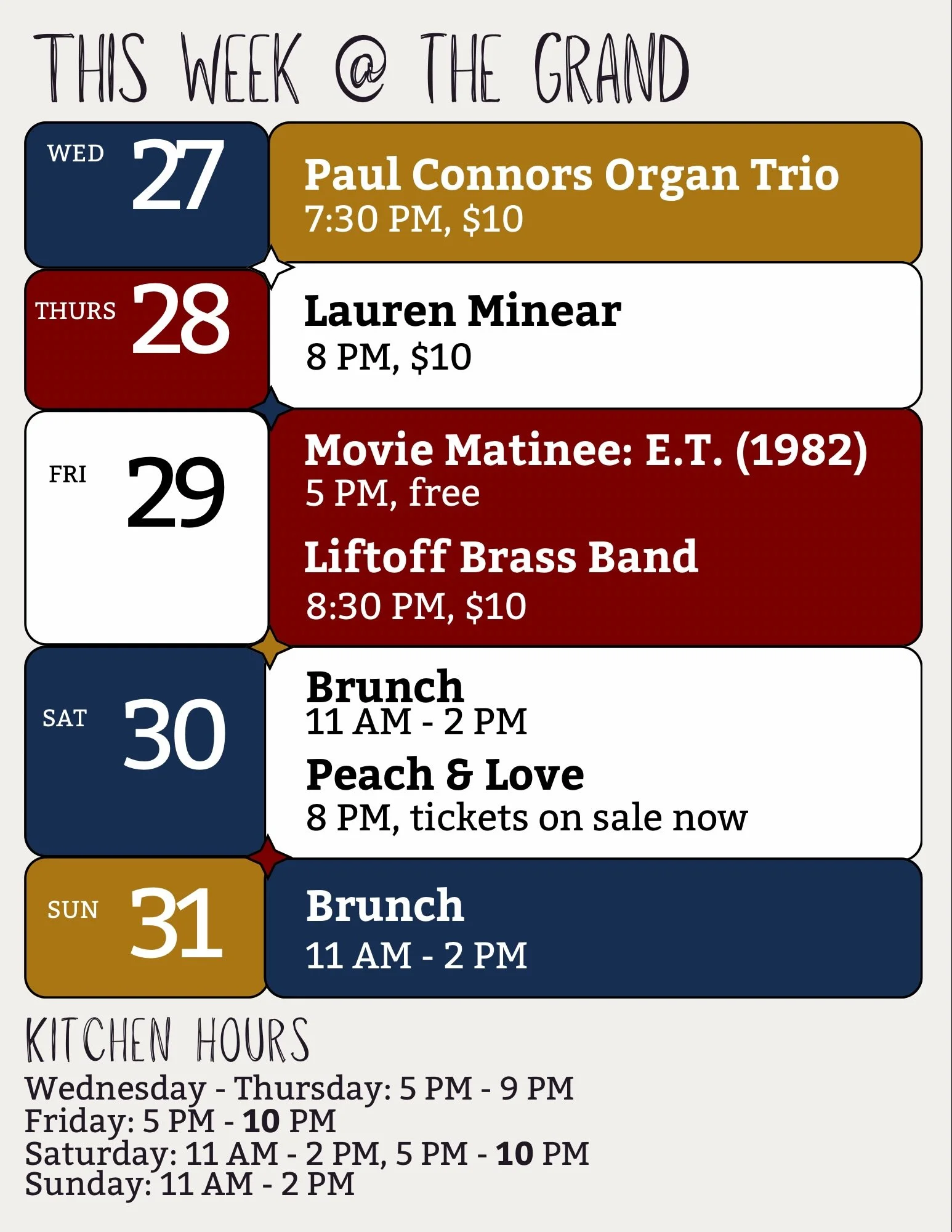 ✨ This Week ✨

Wednesday, @paulconnorsorgantrio returns! 

Thursday, don&rsquo;t miss Lauren Minear with special guest @laurenmiannn.

Friday, a CLASSIC for the 5 PM movie, then rock out with @liftoffbrass.

Saturday, brunch during the day, then PEAC