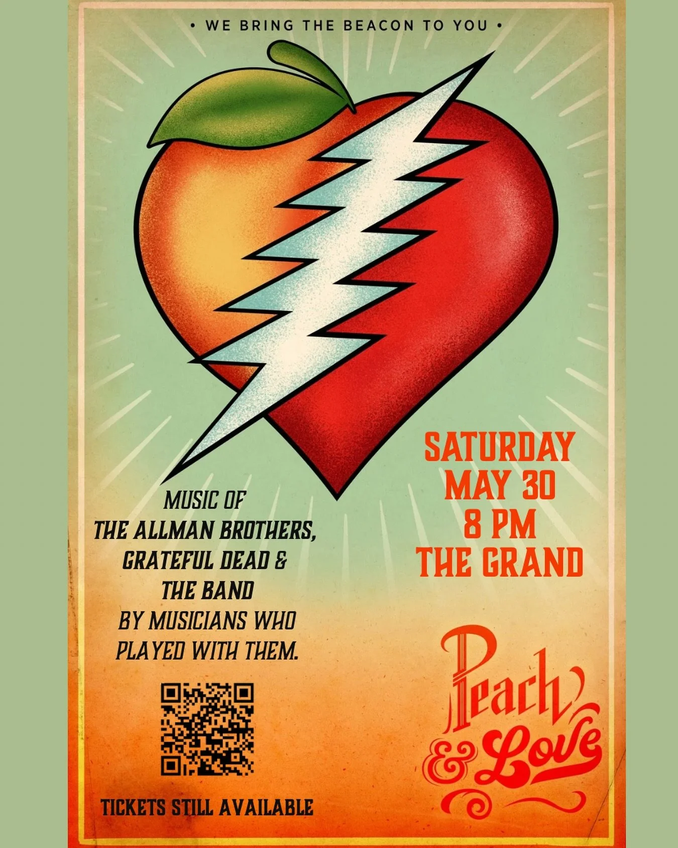 Tickets still available for Peach &amp; Love this Saturday @ The Grand! Hear originals, plus music by The Allman Brothers, Grateful Dead, The Band, &amp; more, played by musicians that have shared the stage with original members of each! 

Featuring 