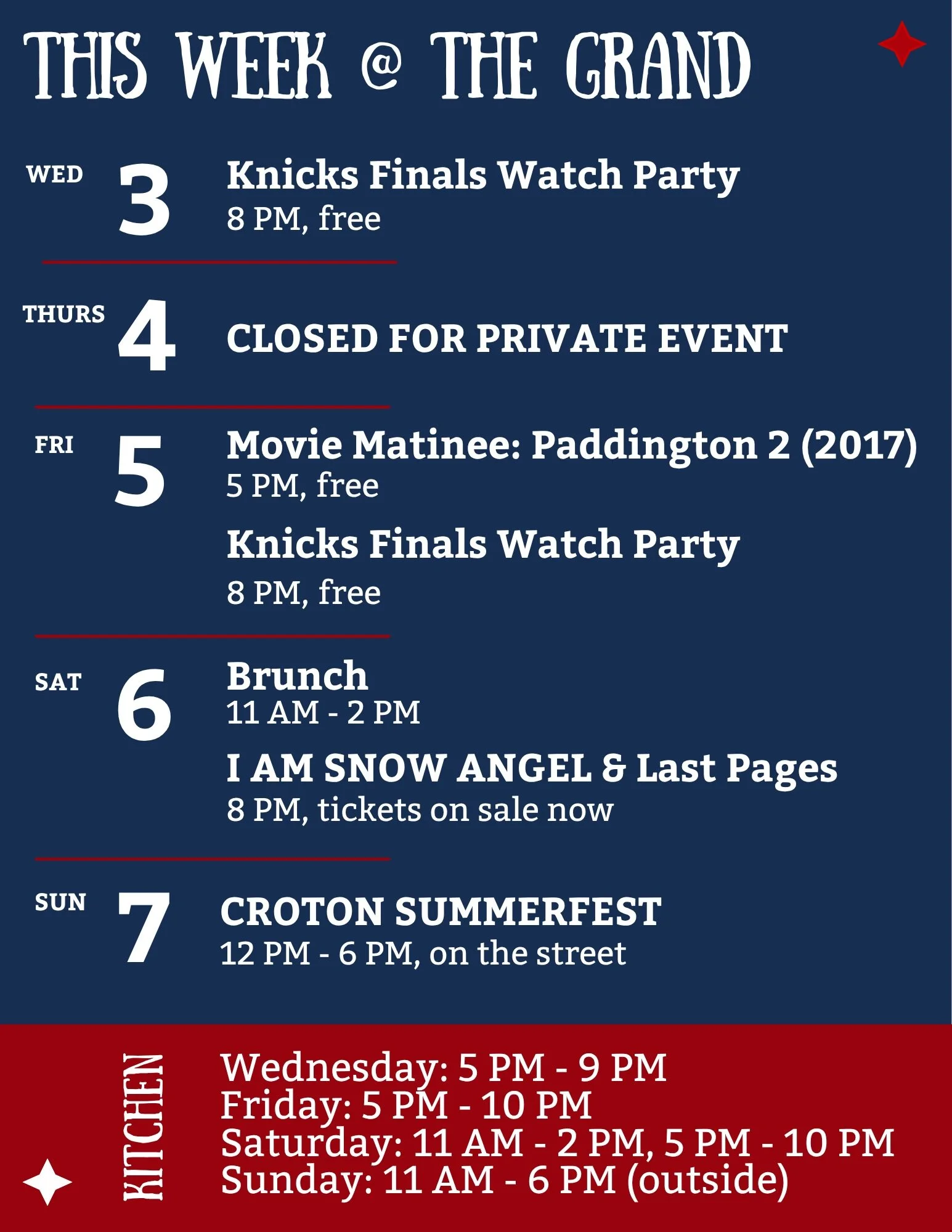 This week at The Grand 

Wednesday - kitchen opens at 5, and then we&rsquo;ll be showing the Knicks game on the big screen at 8:30! 

Thursday we&rsquo;re closed for a private event (we&rsquo;ll miss you) 

Then back at it Friday with a movie matinee