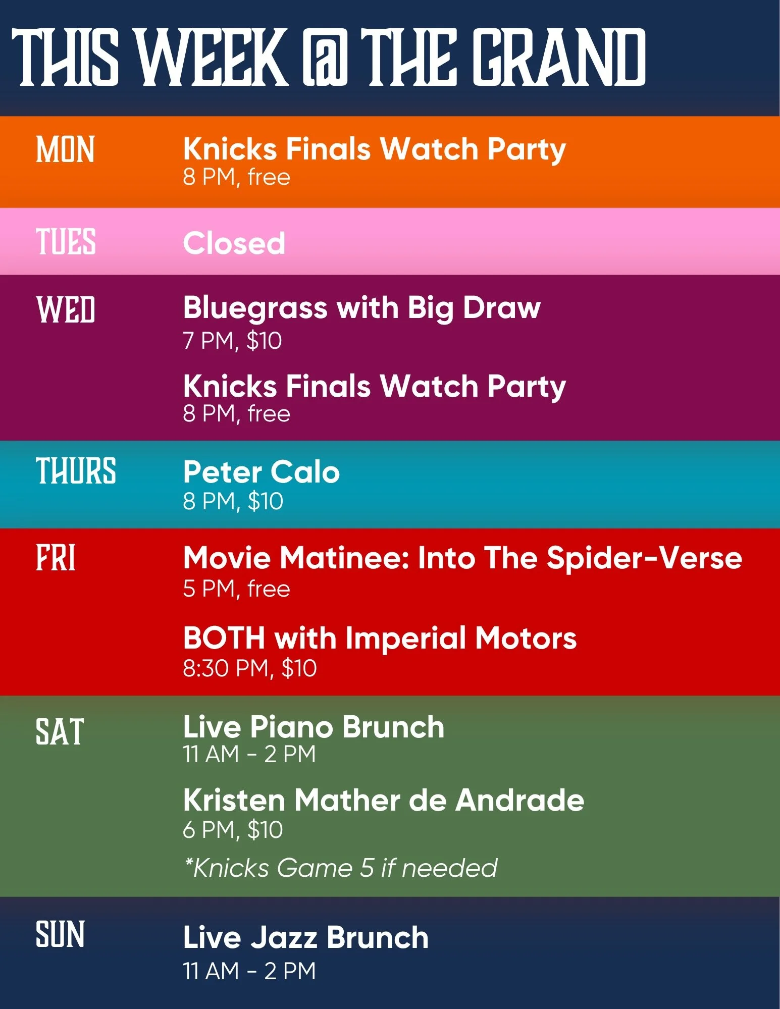 This week 🏀🎶🎥

Monday: Knicks Game 3 on the big screen. Come early to get a good seat! Doors before 7 PM. 

Wednesday: a double header: bluegrass at 7, then game 4 at 8:30! Kitchen &amp; bar open at 5 PM. 

Thursday: @petercalo returns! Show at 8,