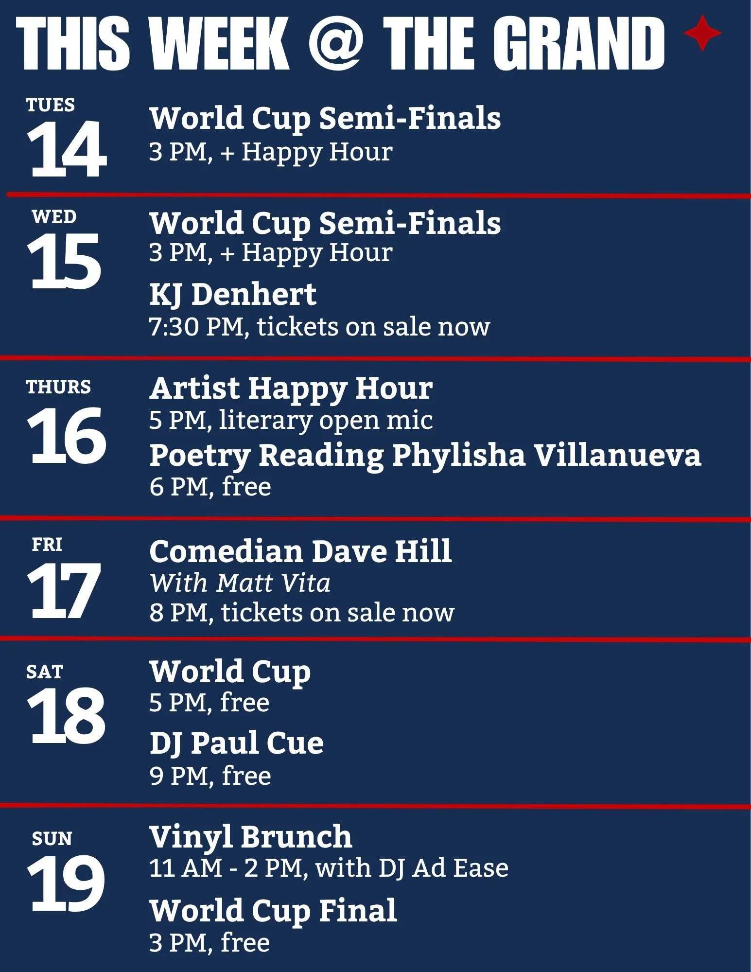 This week at The Grand 

Tuesday, World Cup Semi-Finals at 3 PM 

Wednesday, back at it with the World Cup, then THE @kj_denhert returns. Link in bio for tickets. 

Thursday, artist happy hour with @croton.arts - then a poetry reading with Westcheste
