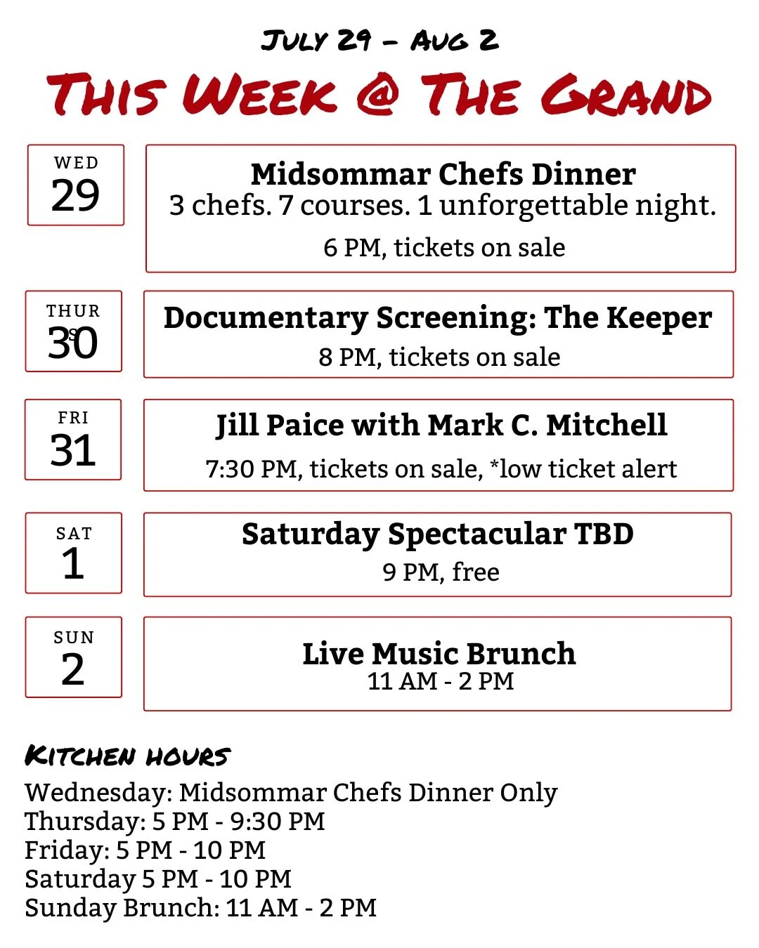 This week at The Grand 

Wednesday - don&rsquo;t miss our first-ever Midsommar Chefs Dinner. 3 incredible chefs @erickornchef @choy_division &amp; @bry.an8767 are coming together to create a creative, colorful, seasonal dining experience. With floral