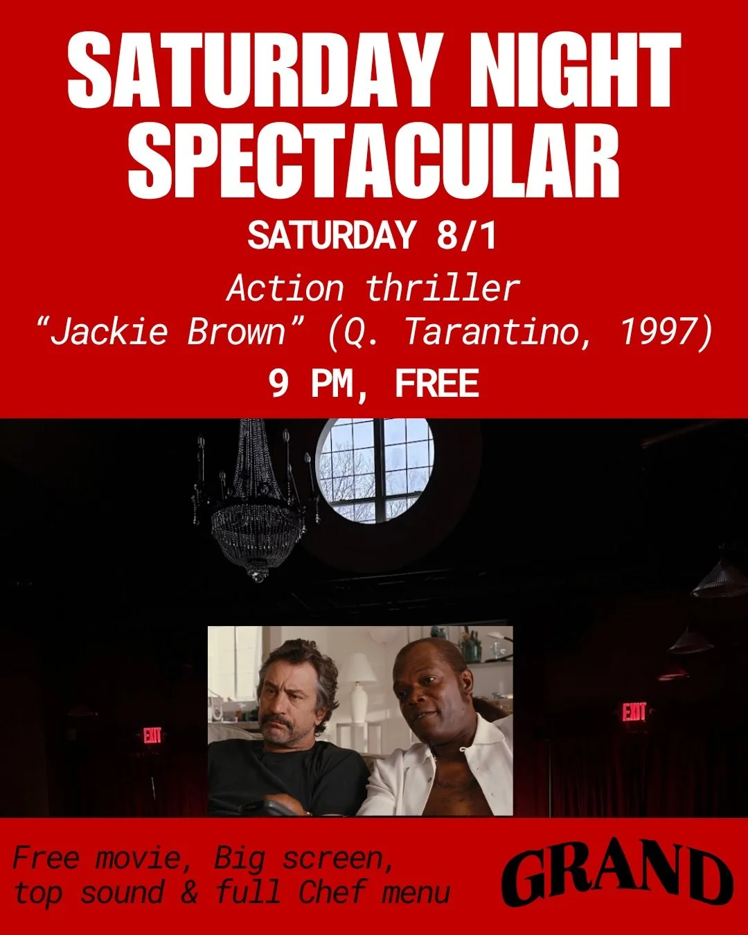 Something for everyone this Saturday. First up, our inaugural Saturday Afternoon 4:30 Movie, WALL-E! 

Then at 9 PM, a Quentin Tarantino classic, Jackie Brown (leave the kids at home for this one). 

Movies are FREE on our huge screen with top sound.