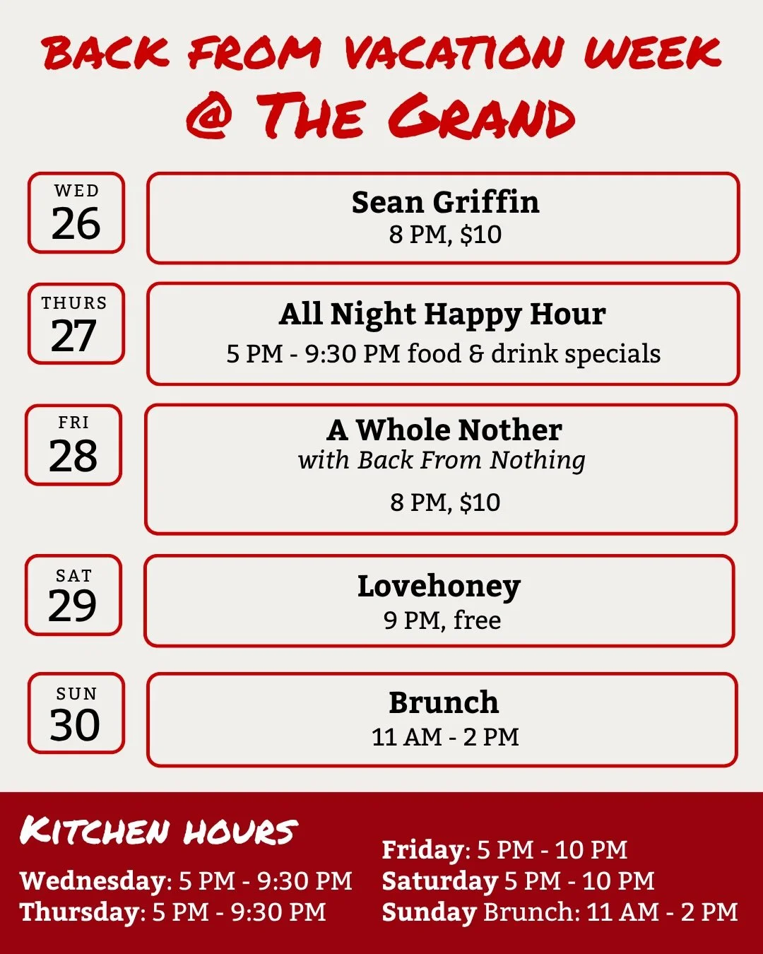 WE&rsquo;RE BACK!! We missed you. Hope to see you this week to try some new food creations, and see some killer music 🤘

Wednesday @griffin.sean&rsquo;s - frontman of Irish punk band @the_ruffians_band - makes his Grand Debut. Sean&rsquo;s new recor