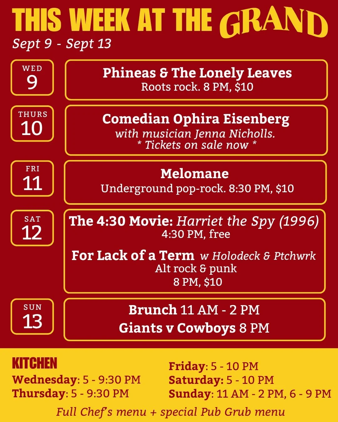 Hope everyone enjoyed their long weekend! We&rsquo;ve got a big week in store for you - see you at The Grand! 

We&rsquo;ll have a few new menu items to try out, plus all week we&rsquo;ll have a special Pub Grub menu in honor of return-to-football se