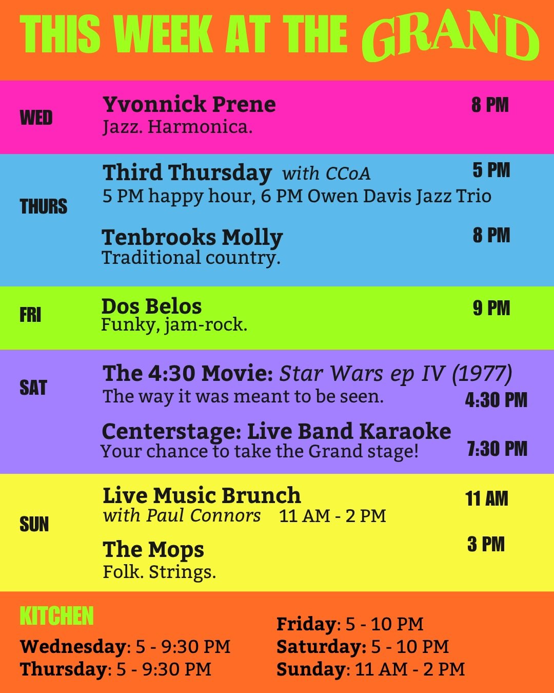 Something for everyone this week at The Grand!

Wednesday, it&rsquo;s a jazzy Grand debut with harmonica legend @yvonnick.prene and @ilaneisenzweig 

Thursday is our monthly Third Thursday Artist Happy Hour with CCoA

Then stick around for some honky