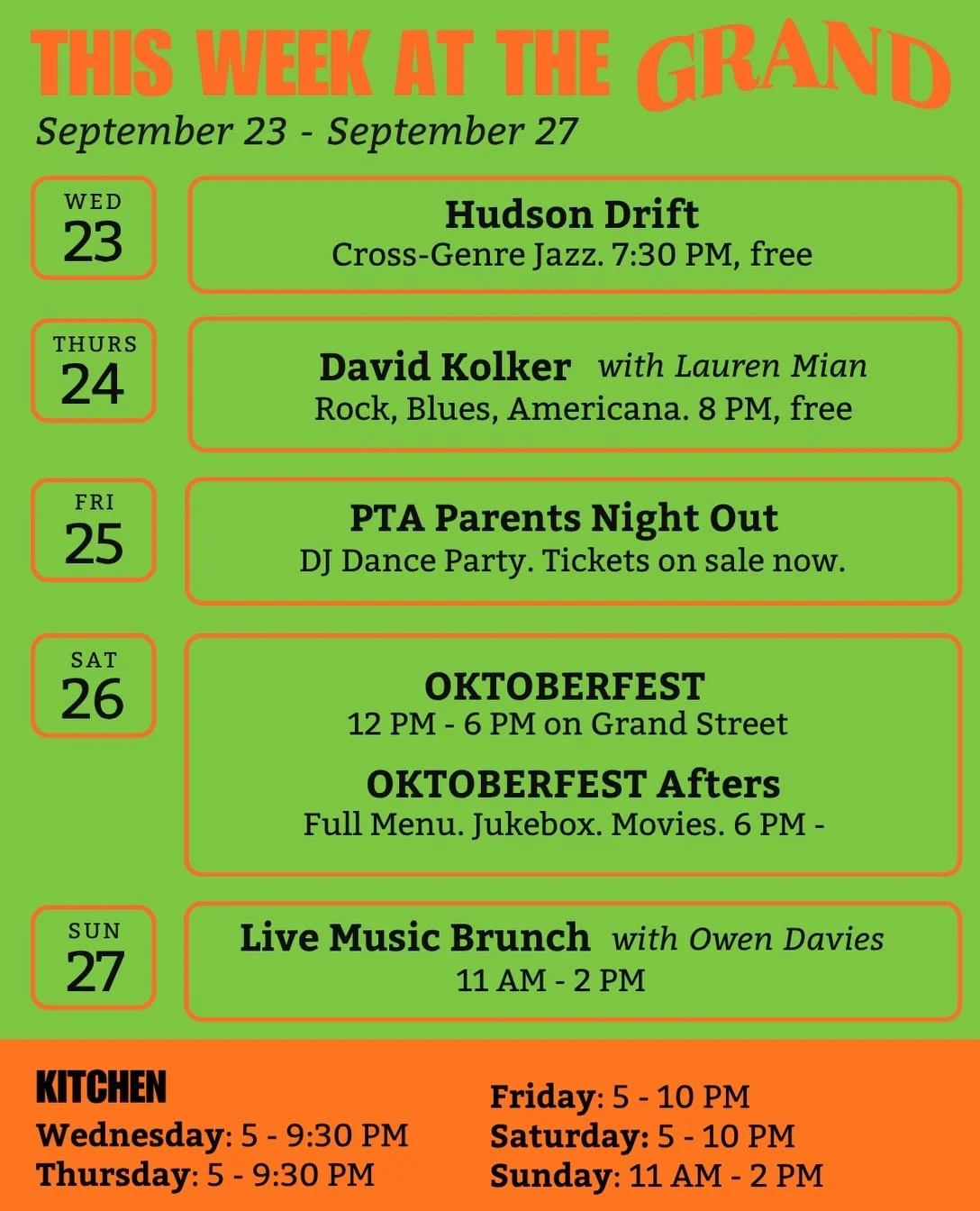 This week at The Grand.

The crossover jazz debut of Hudson Drift! 

Singer-songwriter night with David Kolker with special guest @laurenmiannn 

Friday, put on your dancing shoes and get ready for a wild night with DJ @nickneutronz while raising mon