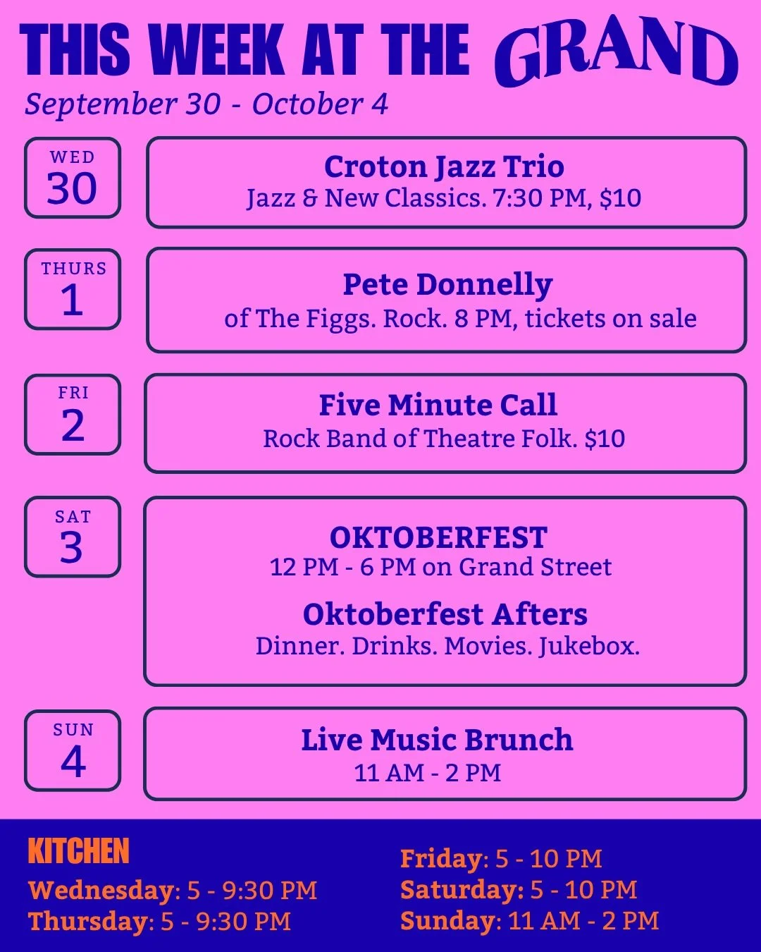This week at The Grand &mdash;> 

Wednesday, it&rsquo;s Jazz at The Grand with the Croton Jazz Trio! Come early for dinner &amp; the best seats. 

Thursday, rock icon, Pete Donnelly returns! Tickets on sale now, and will be available at the door. 