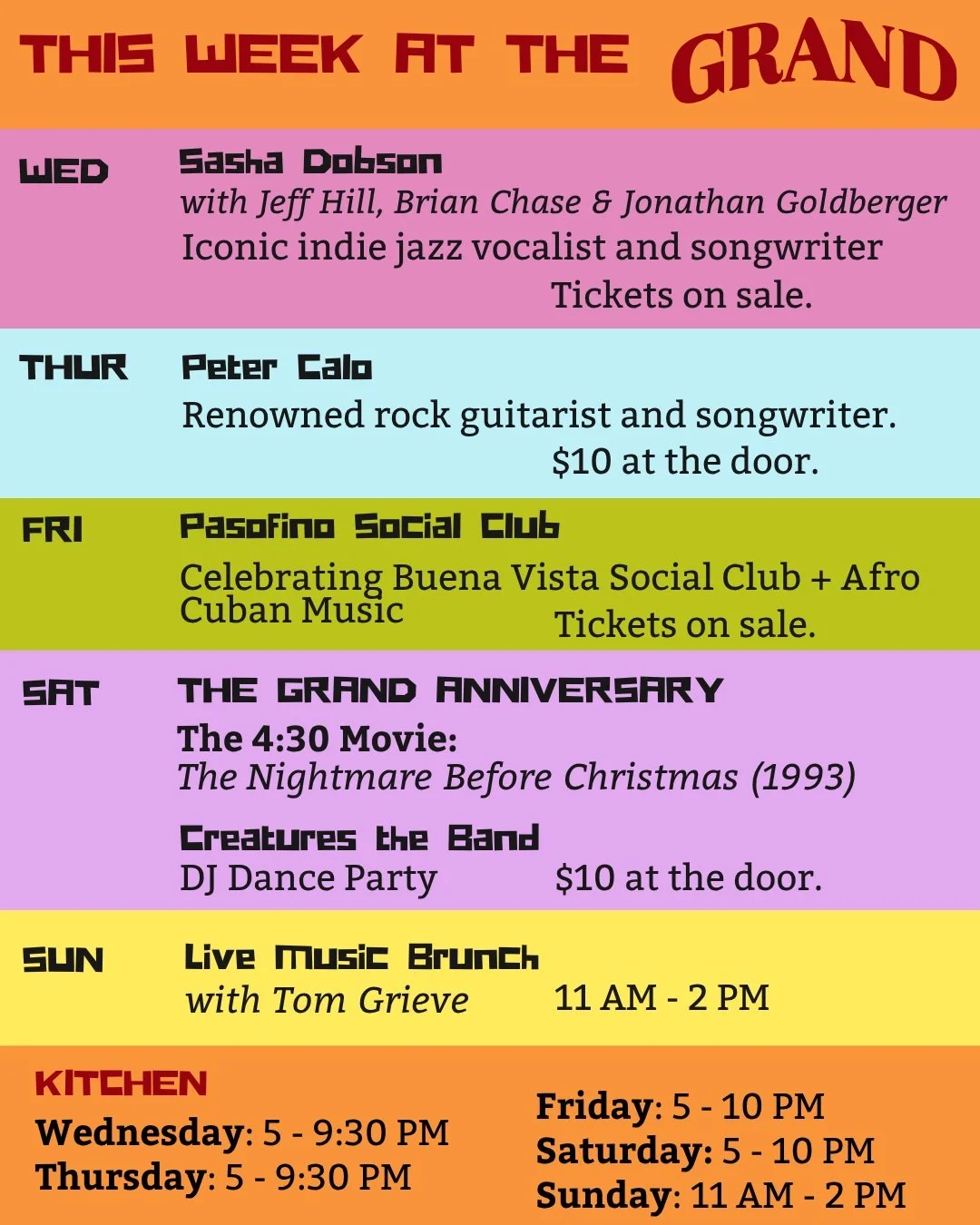This week at The Grand

Wednesday, 10/7 it's the iconic indie jazz darling @sashadobson_ supported by @brianchase123 @jeffhillbass &amp; @jgoldberger.

Thursday, 10/8 rocker @petercalo returns with his band. 

Friday, 10/9, we're celebrating Afro-Cub