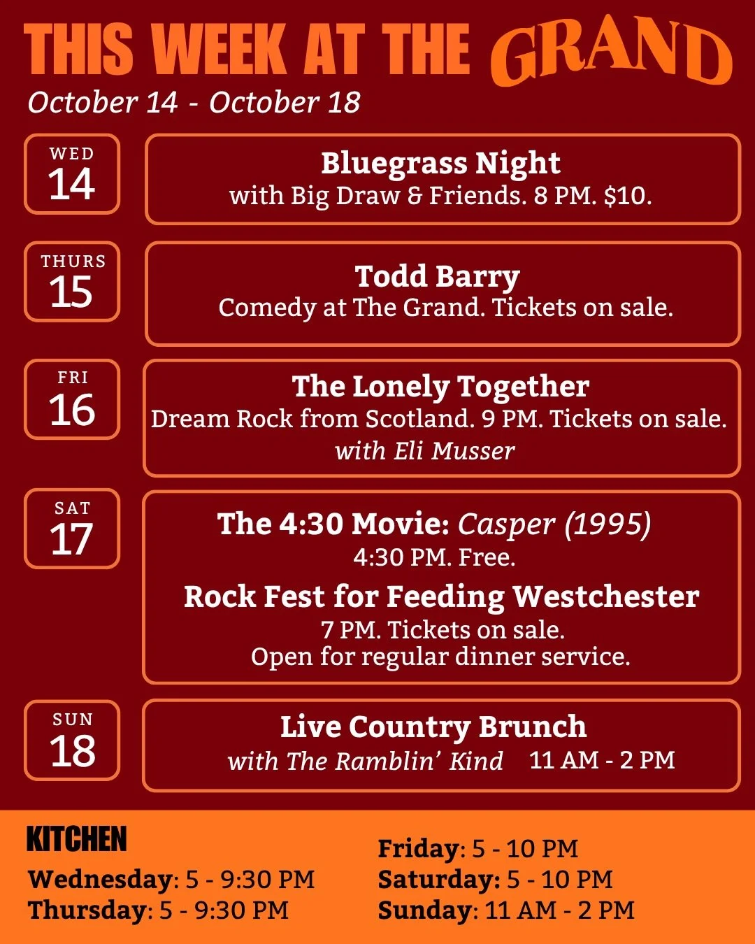 BIG week ahead: 

Wednesday, bluegrass returns with our friends Big Draw. Kitchen opens at 5, music starts at 8! 

Grand Debut of the deadpan comedian @toddbarry. Who knows what he&rsquo;ll say? You will if you come out Thursday. Link in bio for tick