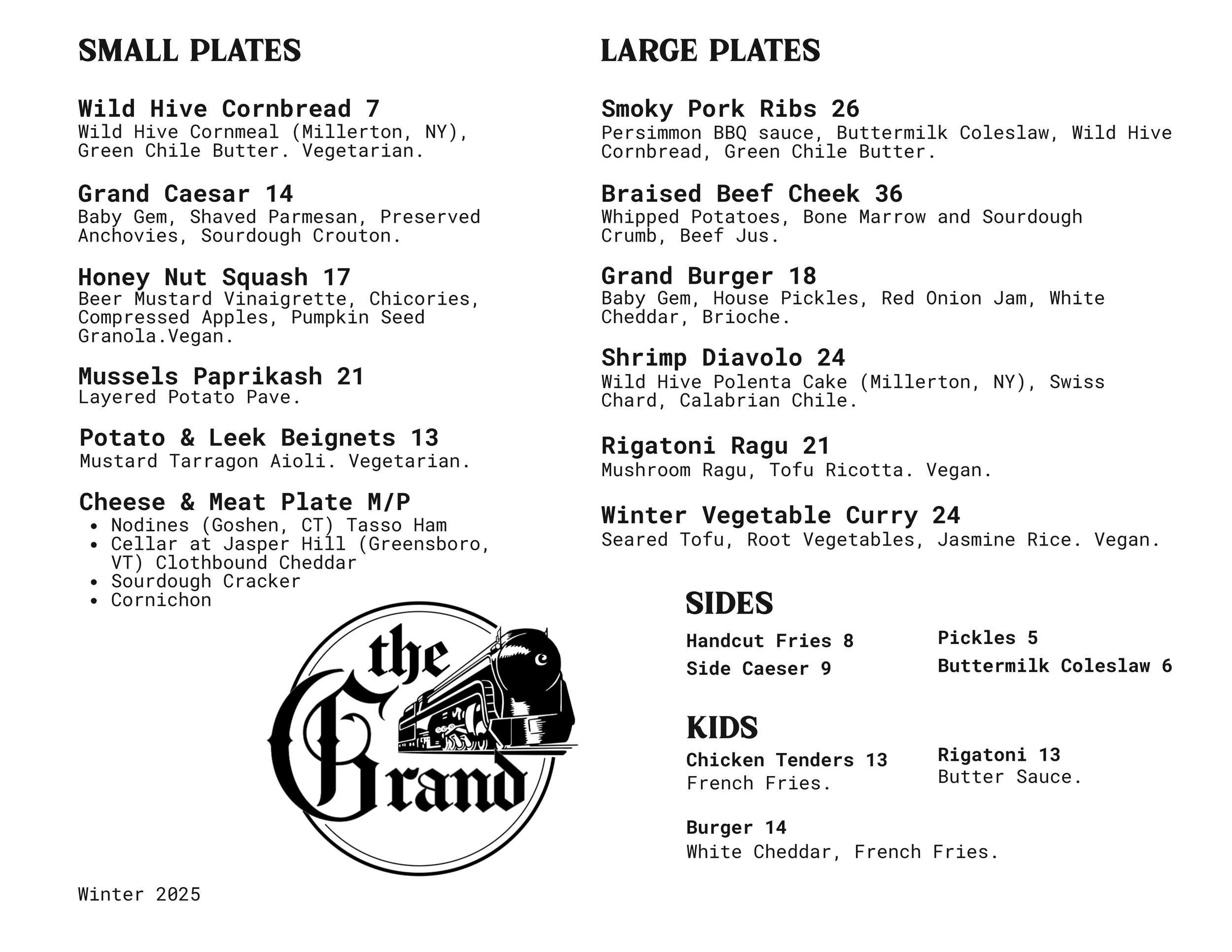 A Winter 2025 menu from The Grand restaurant, listing small and large plates, sides, and kids' options with descriptions and prices.