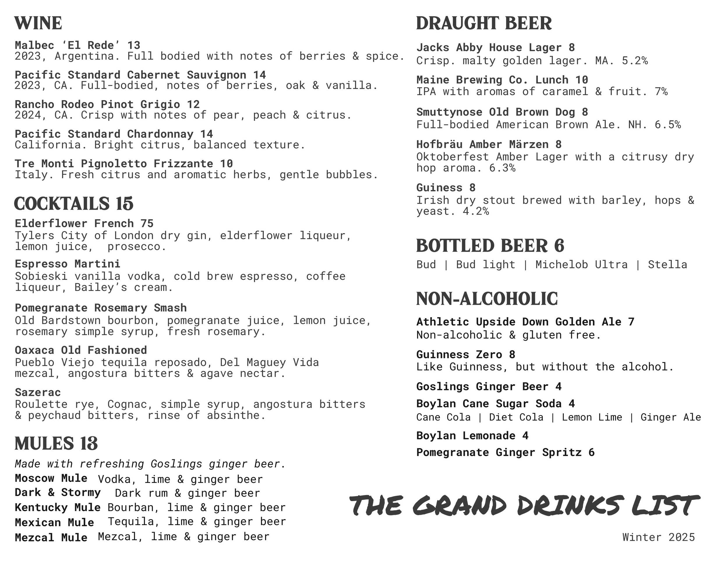 A menu from a bar listing wines, cocktails, draught beers, bottled beers, and non-alcoholic drinks, with descriptions and prices, titled 'The Grand Drinks List' and dated Winter 2025.
