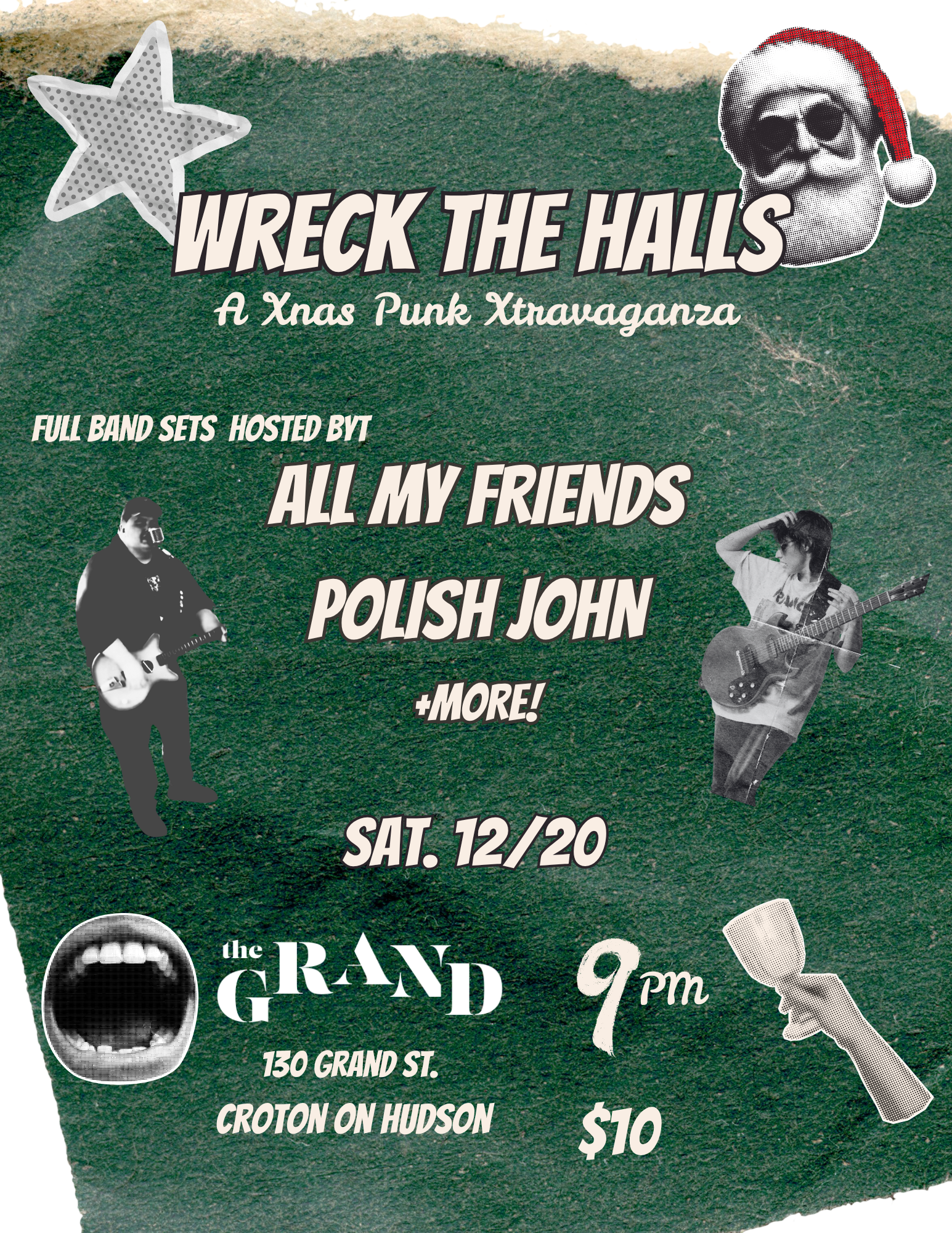 Christmas-themed punk concert poster with green background, featuring images of a Santa hat, microphone, guitarists, a mouth, and holiday decorations, advertising a band called "Wreck the Halls" on December 20th at The Grand in Croton on Hudson.