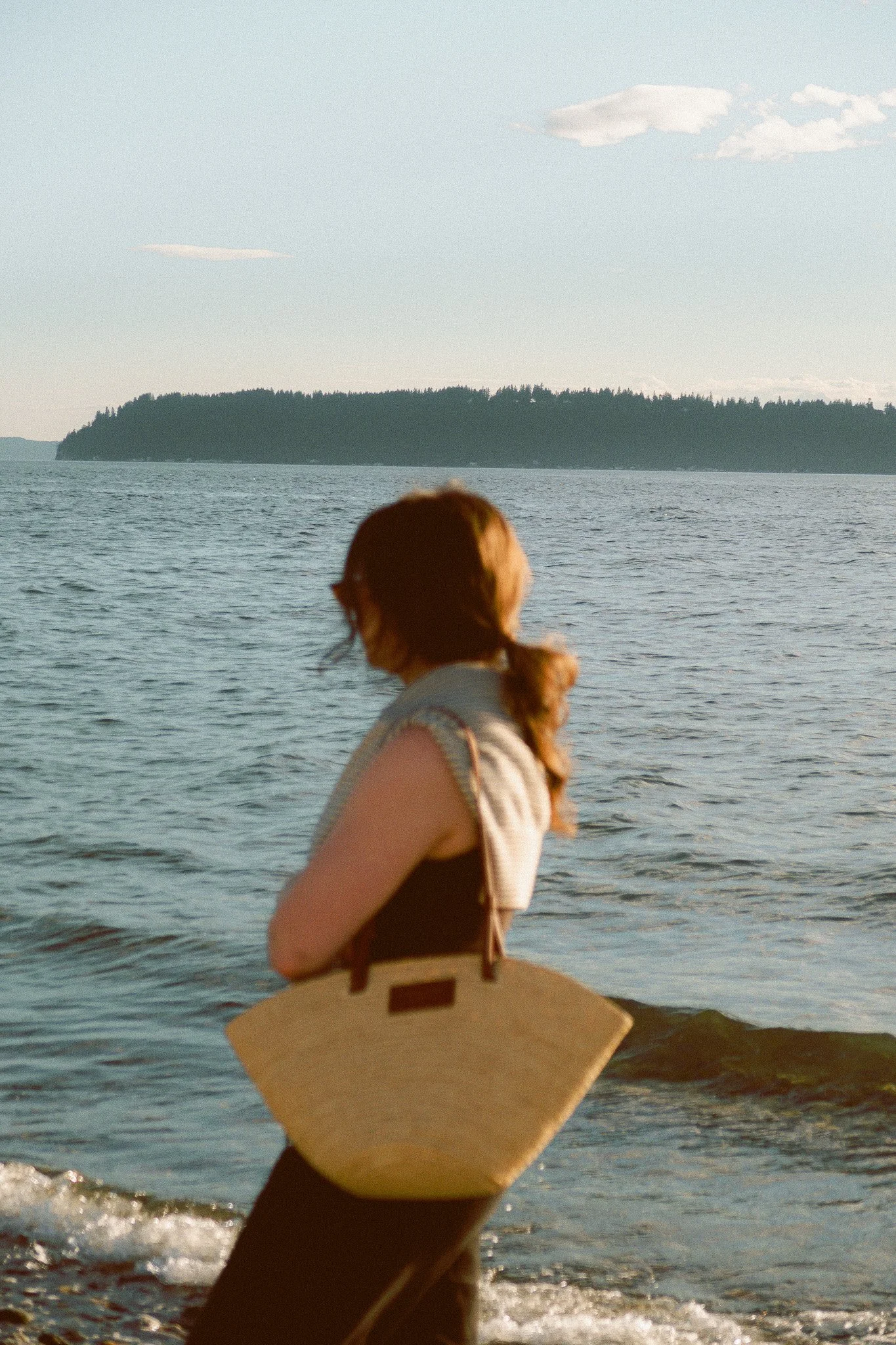 Person with long red hair looking out at the ocean near a rocky shoreline with trees in the distance.