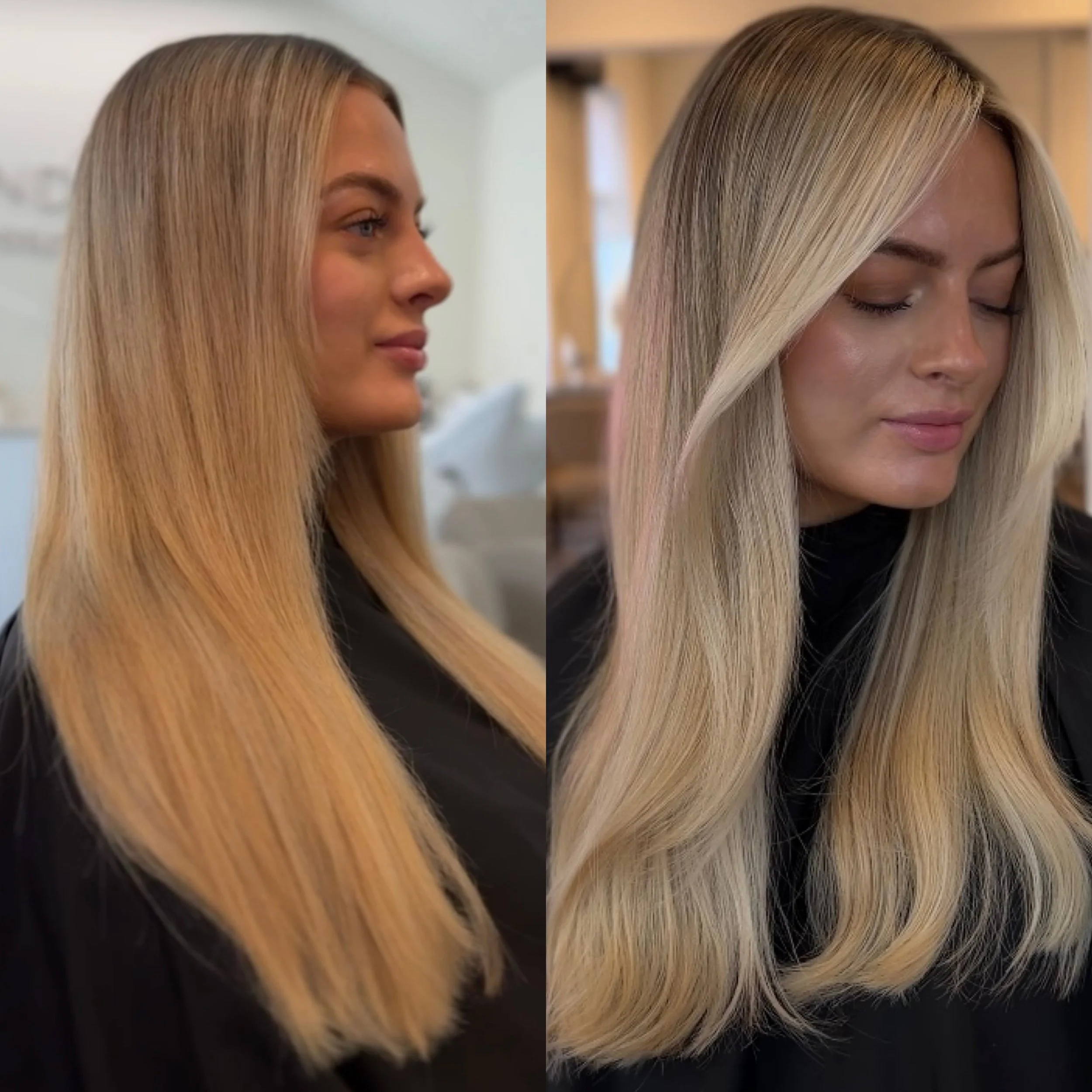 Side-by-side comparison of a woman with long blonde hair, showing her profile on the left and her hair styled into a voluminous, curled look on the right.