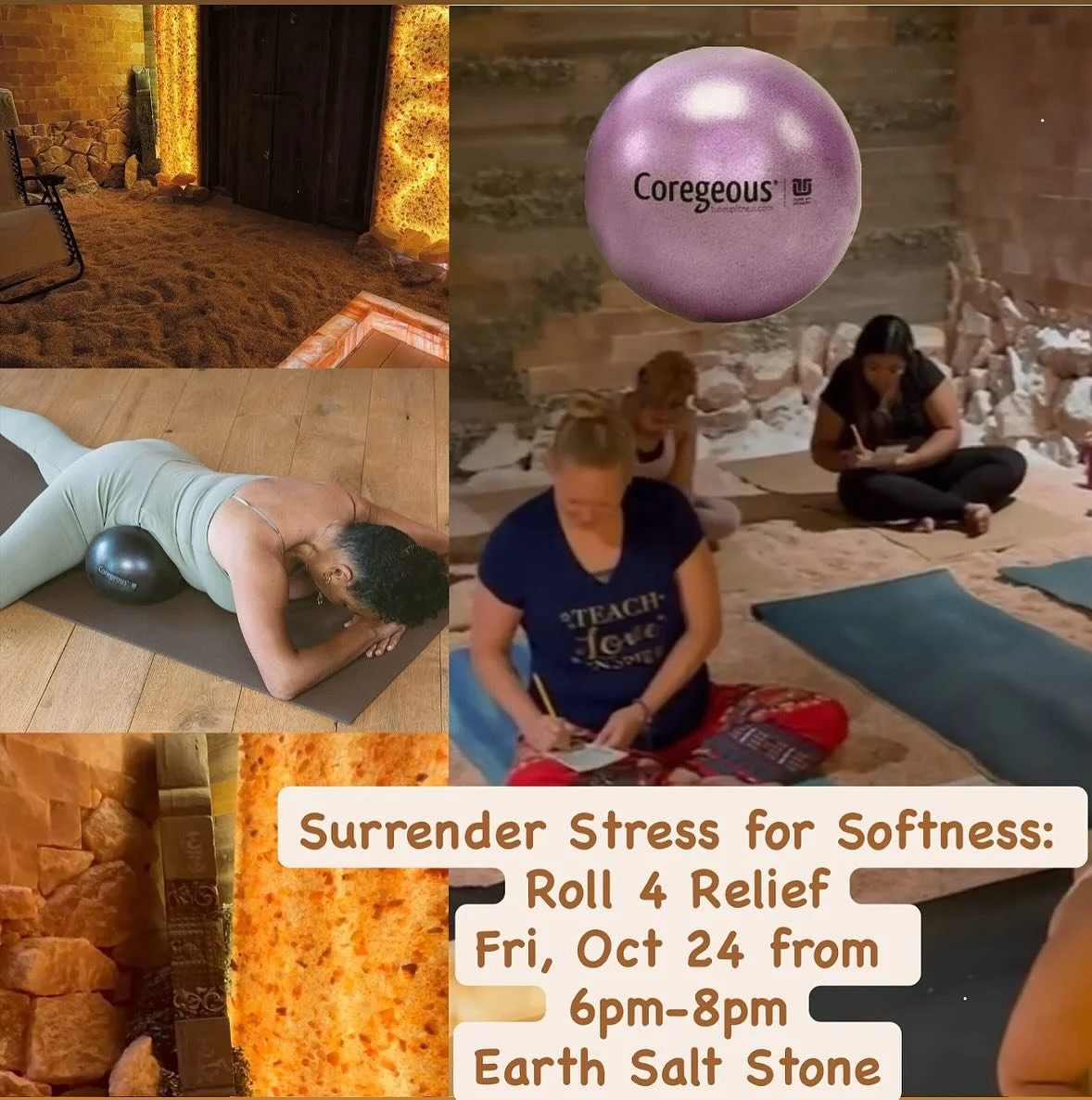 I would love for you to join me next Friday, October 24 from 6:00-8:00pm in the healing salt cave at Earth Salt Stone to Surrender Stress for Softness.  In this workshop you will experience ways for you to decrease stress, pain, tension and tension i