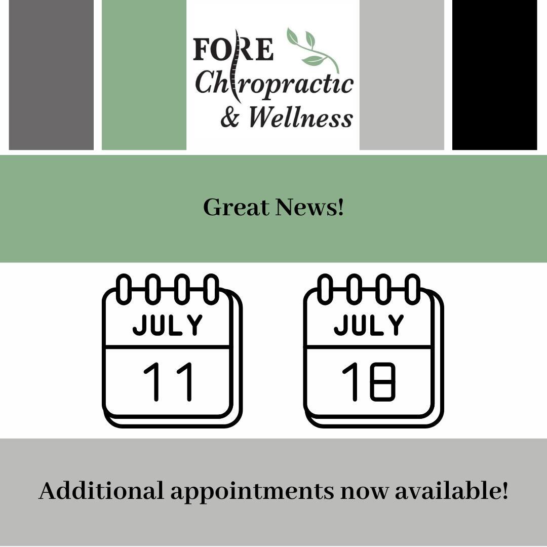 📣 Great News!
Additional Friday appointments are now available July 11th & July 18th!
📍 Book your next adjustment today!
☎️ Call us at 320-679-8996
🌐 https://forechiro.janeapp.com/
#forechiro #forechiropracticandwellness #forechiropractic #