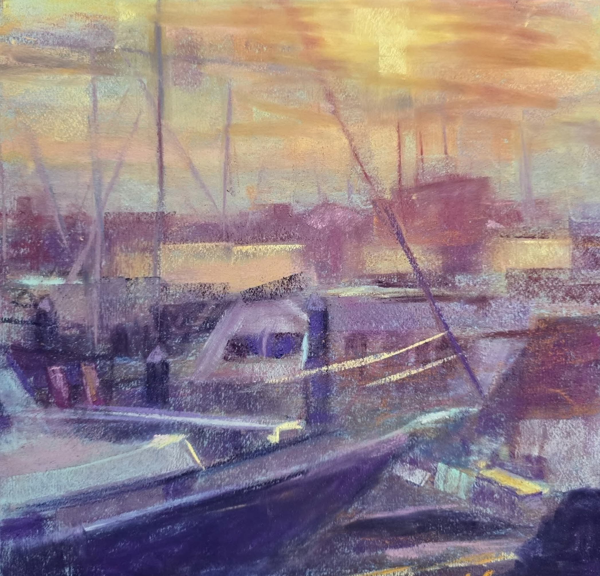 "Boats" by Heather Blackwell pastel of the Baltimore Harbor.