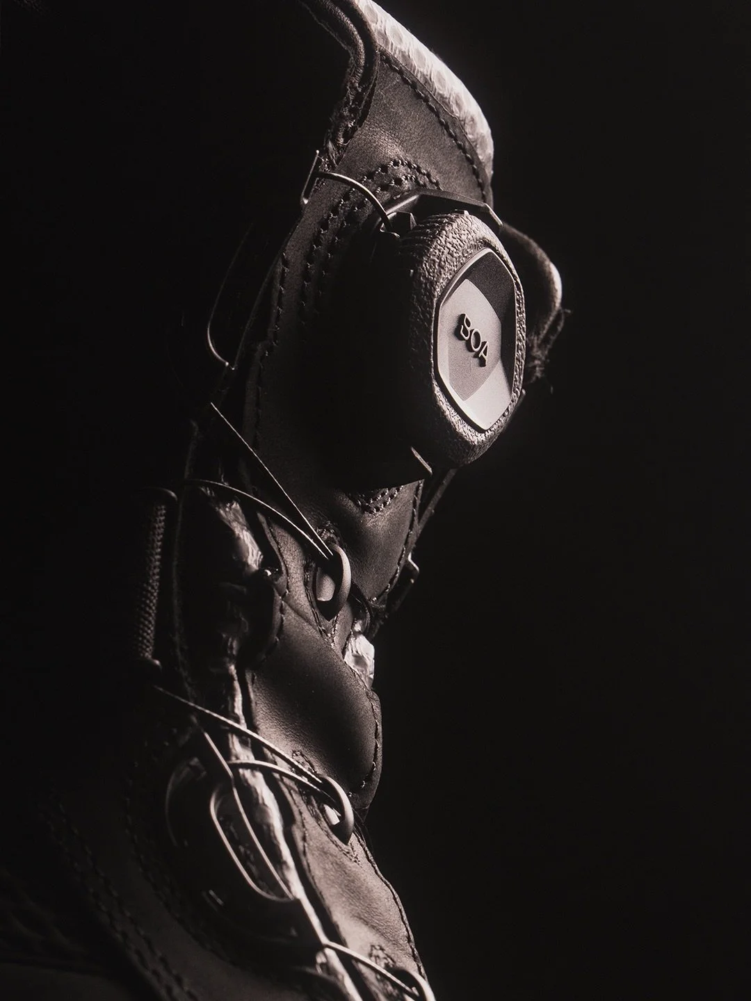 Up close and personal with the Stormhawk Boot. The BOA Fit system offers a dialed, precision fit, and D3O inserts provide ankle coverage. A premium leather upper features a water-resistent finish combined with an eVent Waterproof/Breathable liner for