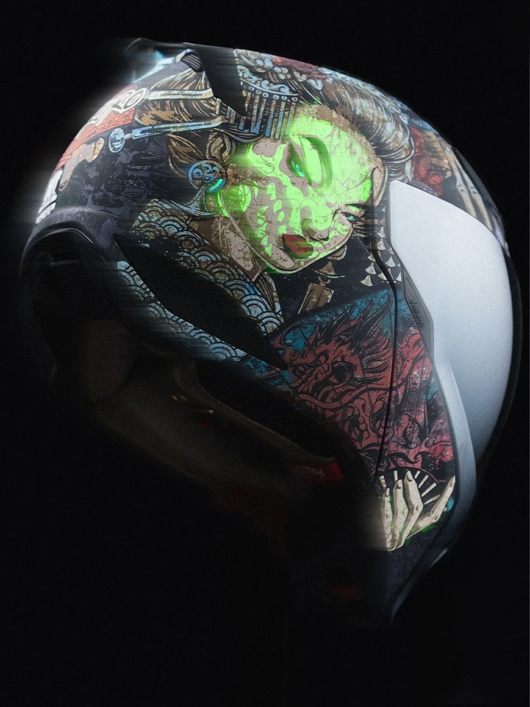 Summoned from the shadows. Unleashed on the street.

Glow-in-the-dark detailing reveals a second identity, backed by a handcrafted FRP shell, flip-up chinbar, oversized intake/exhaust venting, and a fog-free Threshold Dropshield for clear vision when