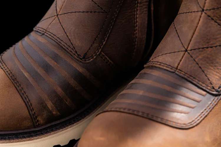 Close view of the brown Icon Elsinore 2 boot leather and buckle details