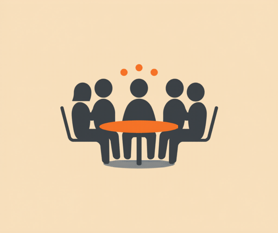 A leadership team collaboration icon symbolizing organizational transformation through confidential team engagement and group coaching.