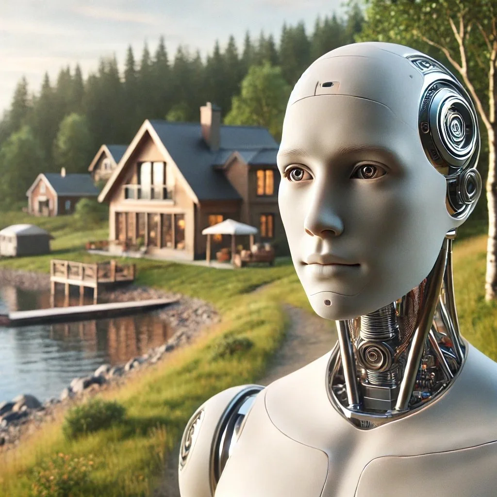 DALL·E 2024-11-04 14.52.55 - A photorealistic image of a human-robot hybrid standing in front of a house near woods and lakes. The hybrid appears more human-like, with subtle robo.jpg