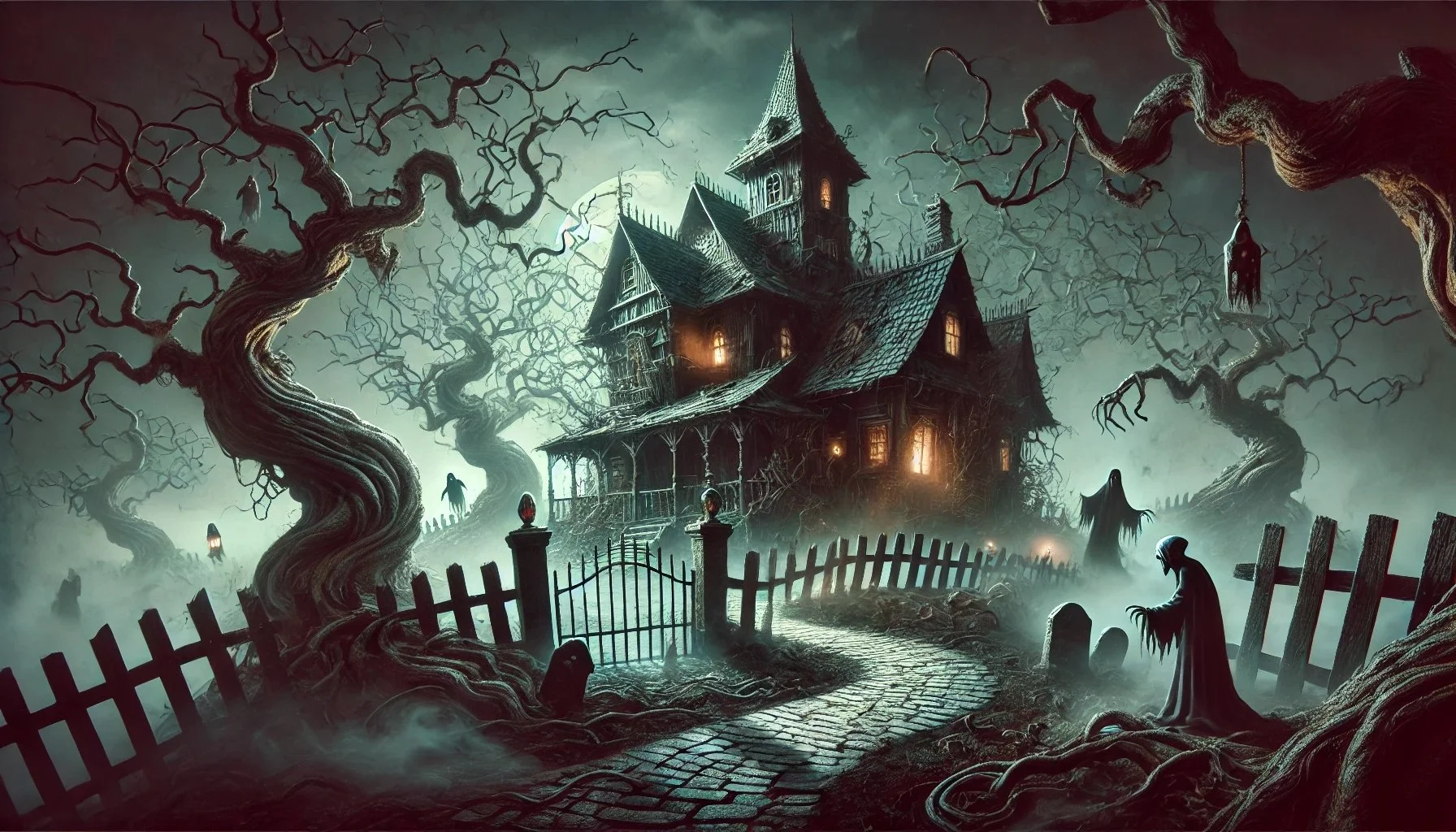 DALL·E 2024-10-31 11.04.57 - A surrealistic haunted house scene with an eerie atmosphere. The haunted house, crooked and decaying, is partially illuminated by a dim, ghastly light.jpg