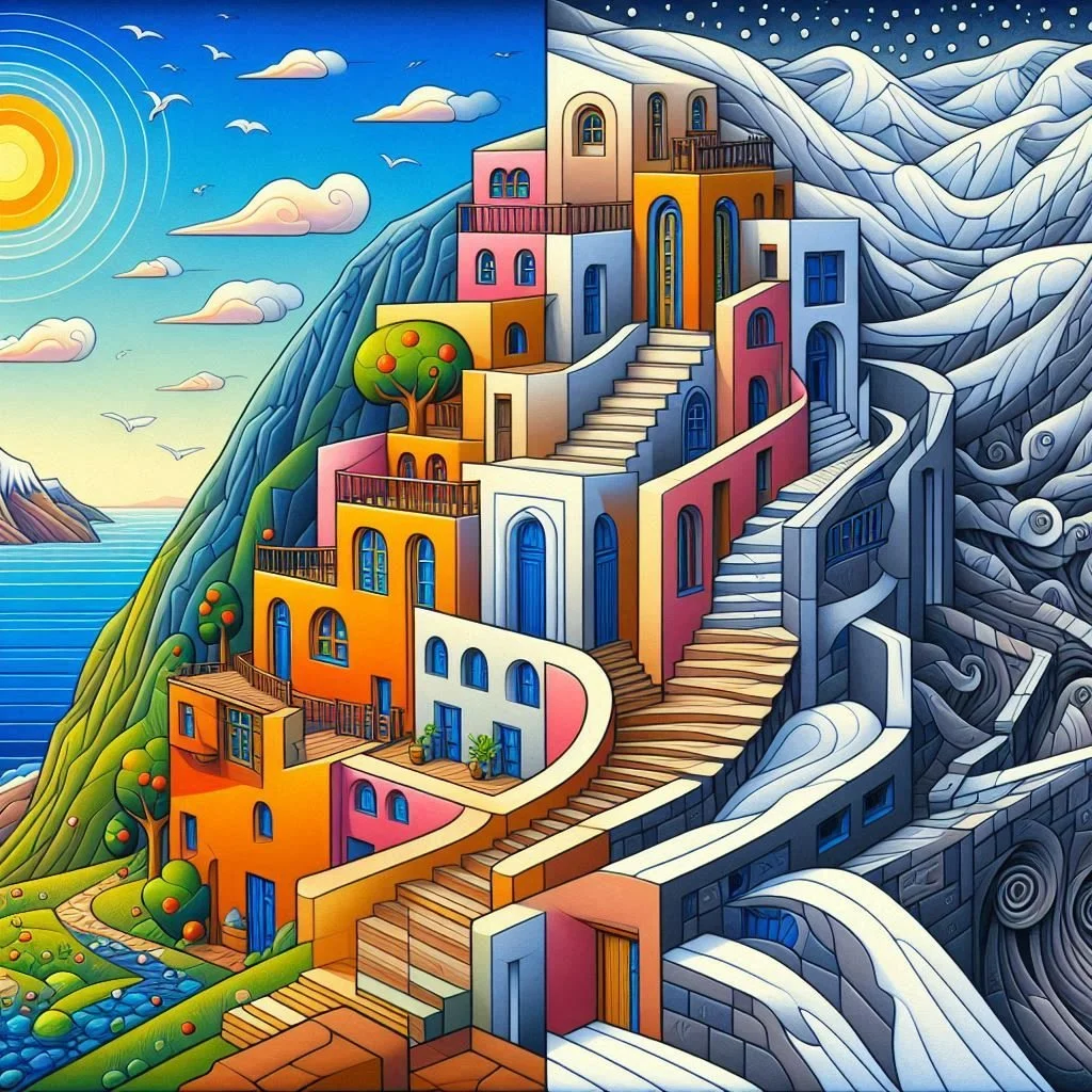 A surrealistic image representing the melding of winter, spring, summer, and fall in one panorama, with style cues drawn from Cubists and MC Escheresque art, depicting a beautiful Greek village of colorful adobe houses and paths built into .png