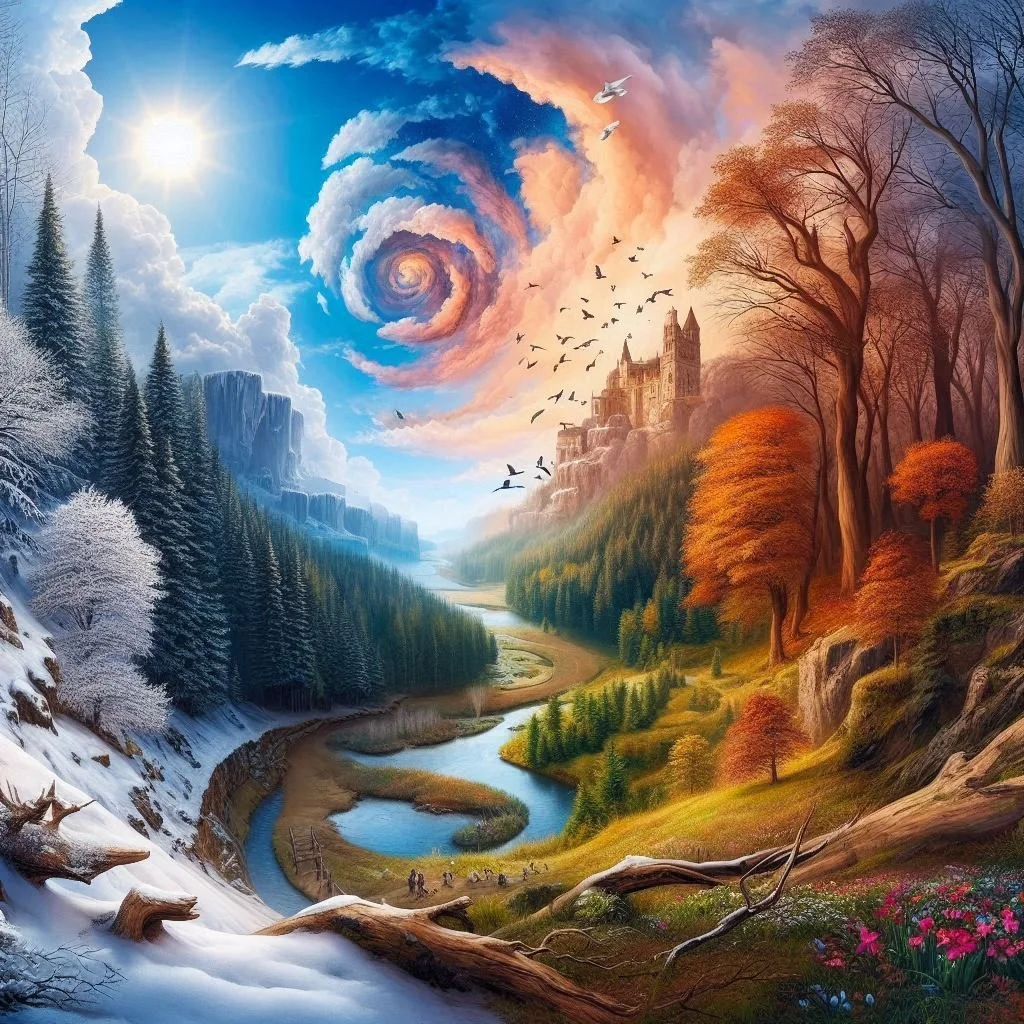 A surrealistic image representing the melding of winter, spring, summer, and fall in one panorama.png