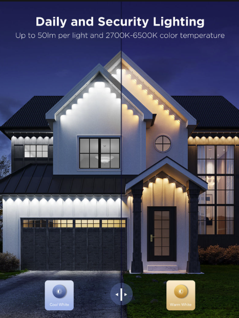 A house split into two halves, demonstrating the effect of different lighting modes. The left side has cool white lighting at 2700K-6500K, and the right side has warm white lighting. The image showcases the house's facade at dusk or night, with text indicating daily and security lighting options, and the color temperature range.