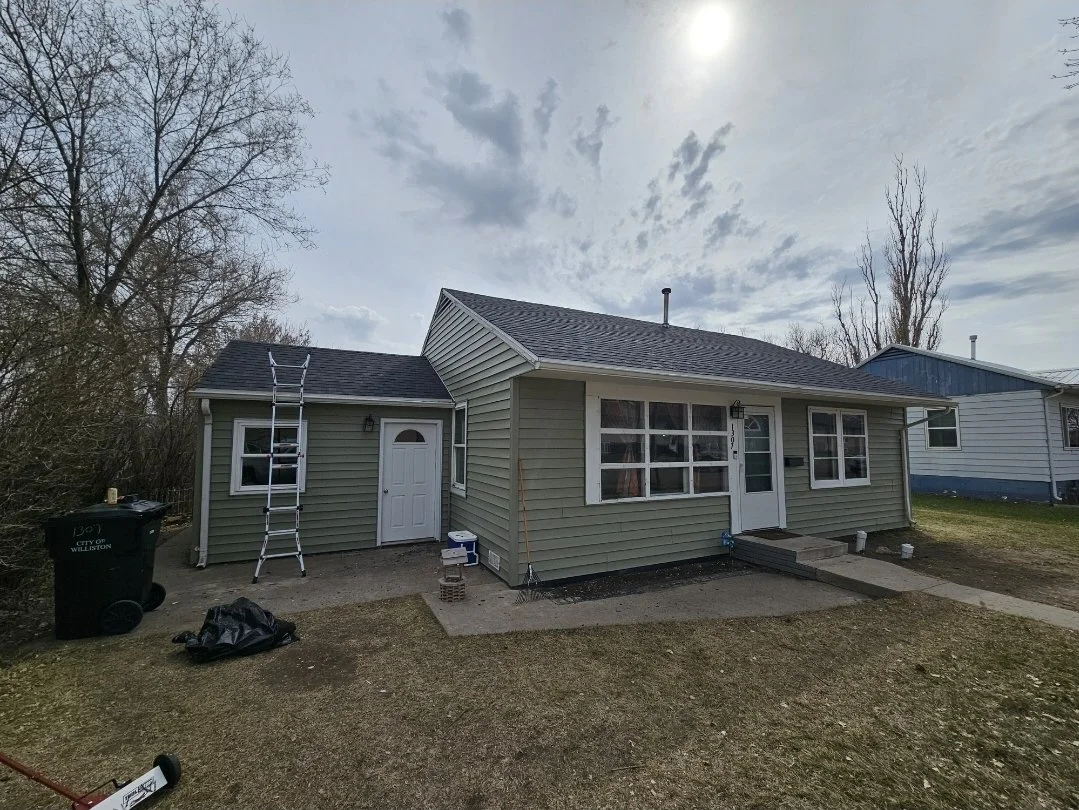 Backyard view of a house with green siding, a small porch, a ladder leaning against the side, and a garbage bin near trees on the left.