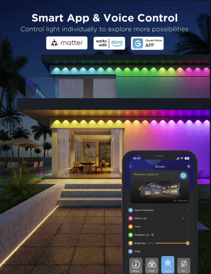 A modern house decorated with colorful LED lights controlled by a smartphone app at sunset. The app shows options for controlling music, color, scene, timer, brightness, and mode. The house has large windows and an outdoor patio with tropical plants.