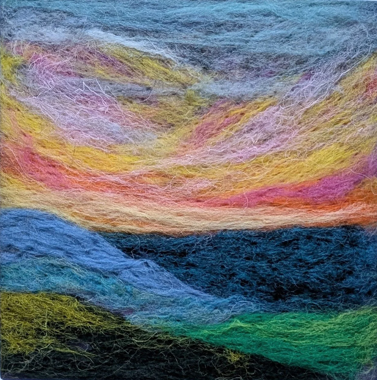 Vibrant Sky 3
5"x5"
wool on felt
white mat and frame, thrifted