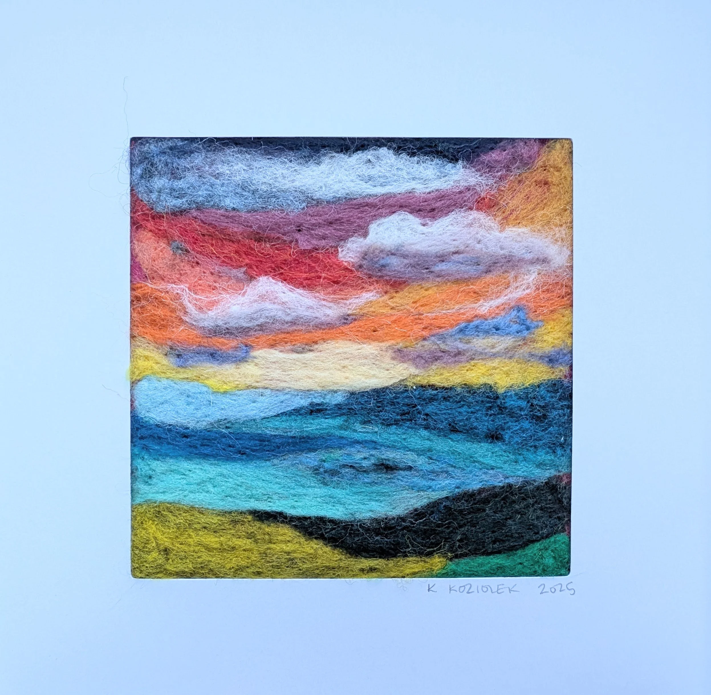 Vibrant Sky
5"x5"
wool on felt
white mat and frame, thrifted