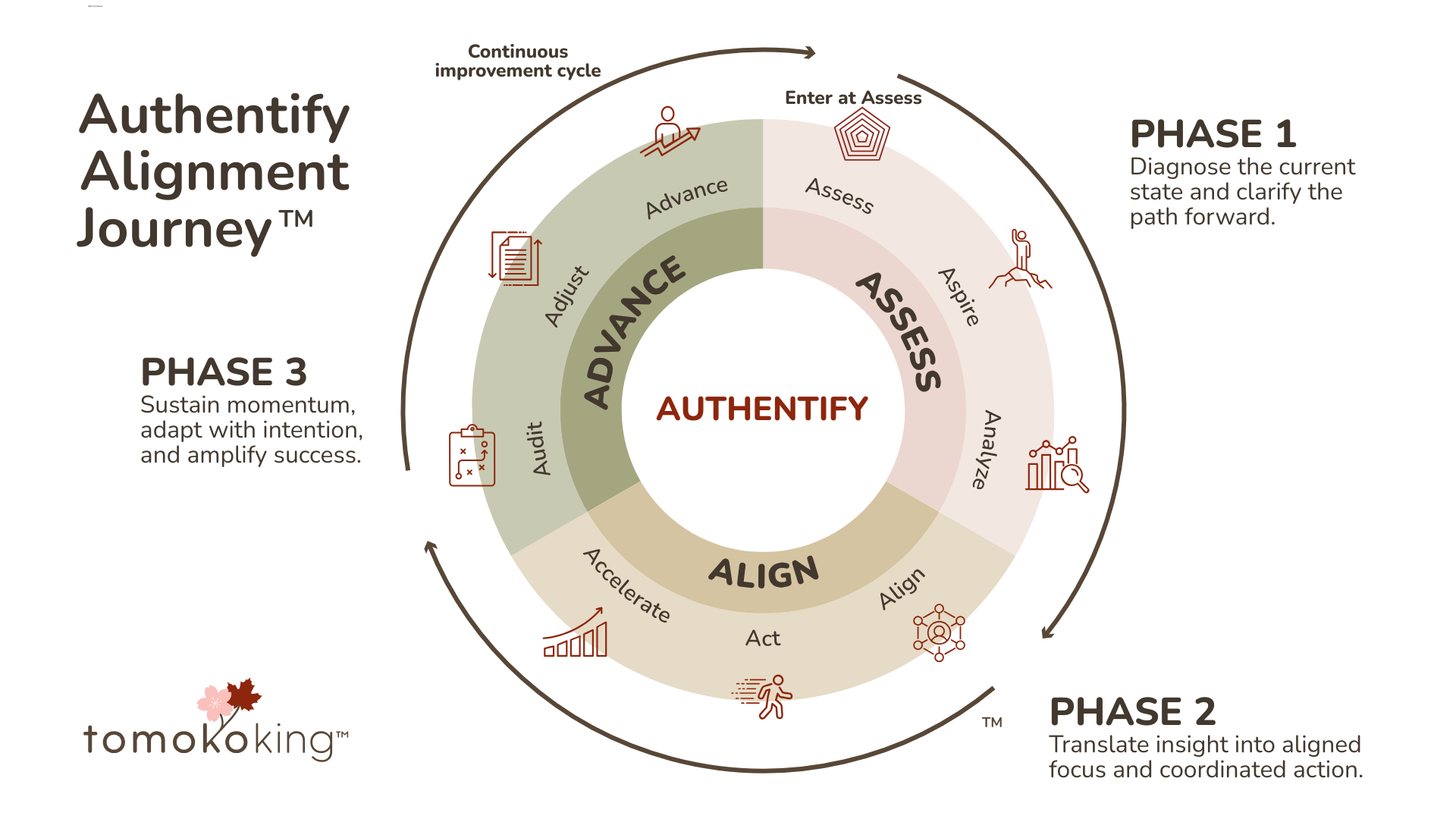 Authentify Alignment Journey visual showing you enter at assess, then move through align and advance with a continuous improvement cycle