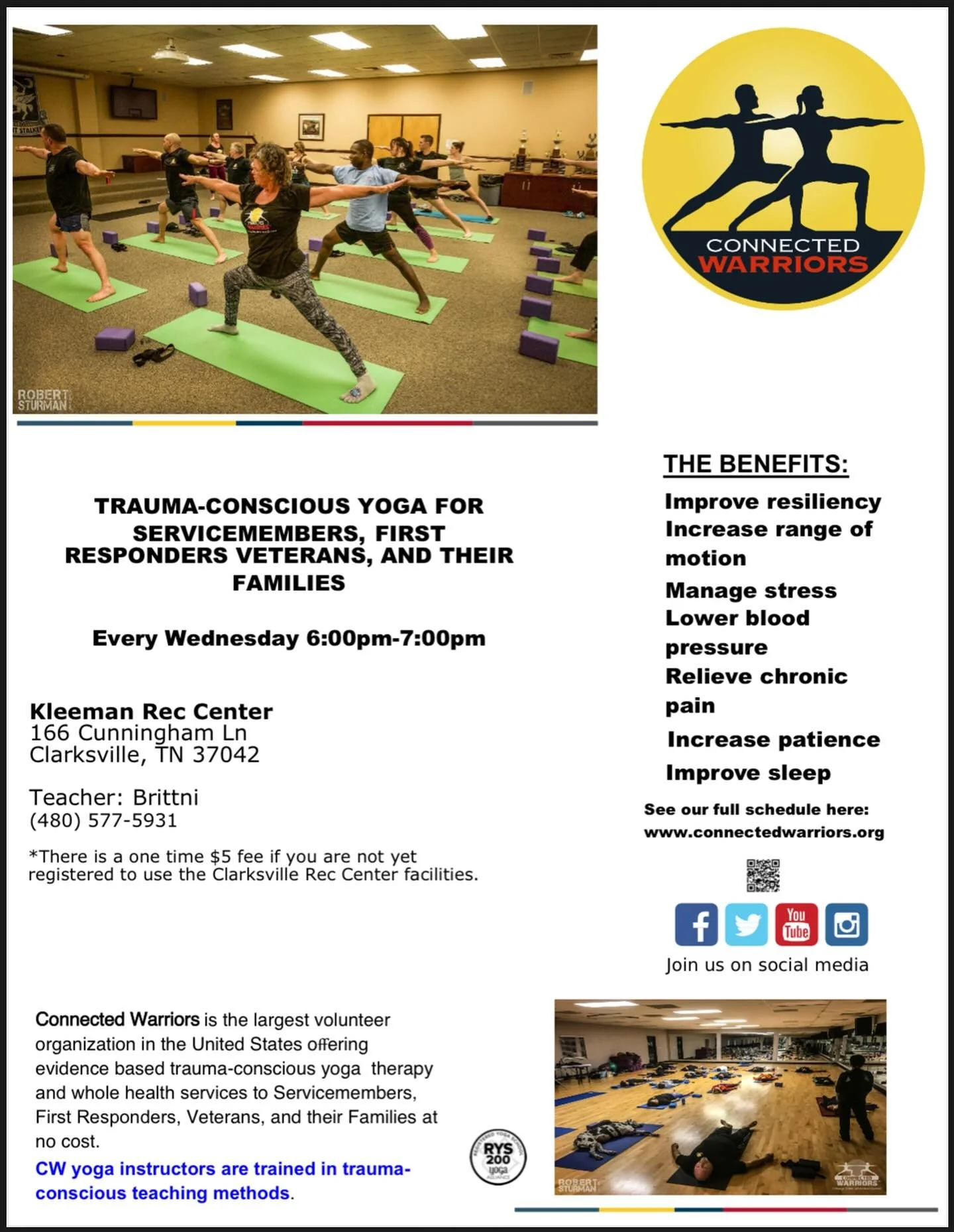 Don&rsquo;t forget! I offer a free trauma conscious yoga class for veterans, 1st responders, and their families at the Kleeman Rec Center in Clarksville, TN every Wednesday from 6-7pm. #clarksvilleyoga #clarksvilletn #yogaforveterans