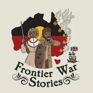Illustration of two pioneers, a man and a woman, in front of a mountain with a border flag, a trail of smoke, a small ship, and the text 'Frontier War Stories'.