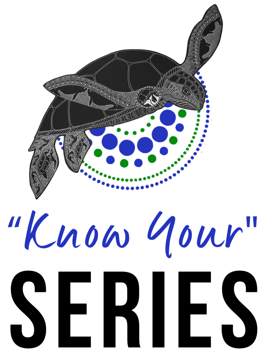 A graphic of a stylized, black-and-white turtle with intricate line designs, surrounded by colored dots, with the phrase "Know Your" written in blue cursive below.