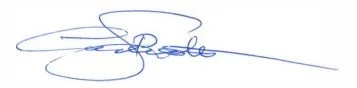 A blue signature on a white background.